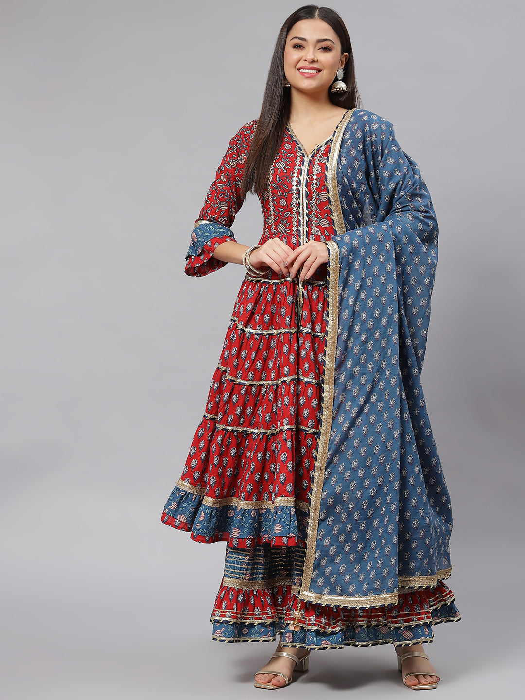 Women's Maroon & Blue Anarkali Kurta Sharara Set with Dupatta