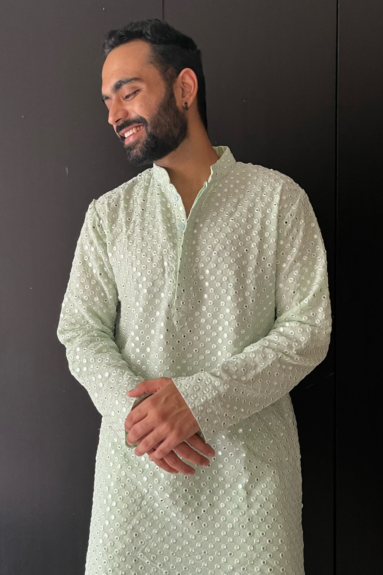 Men's Pista Green Color Pista Green Mirror Kurta