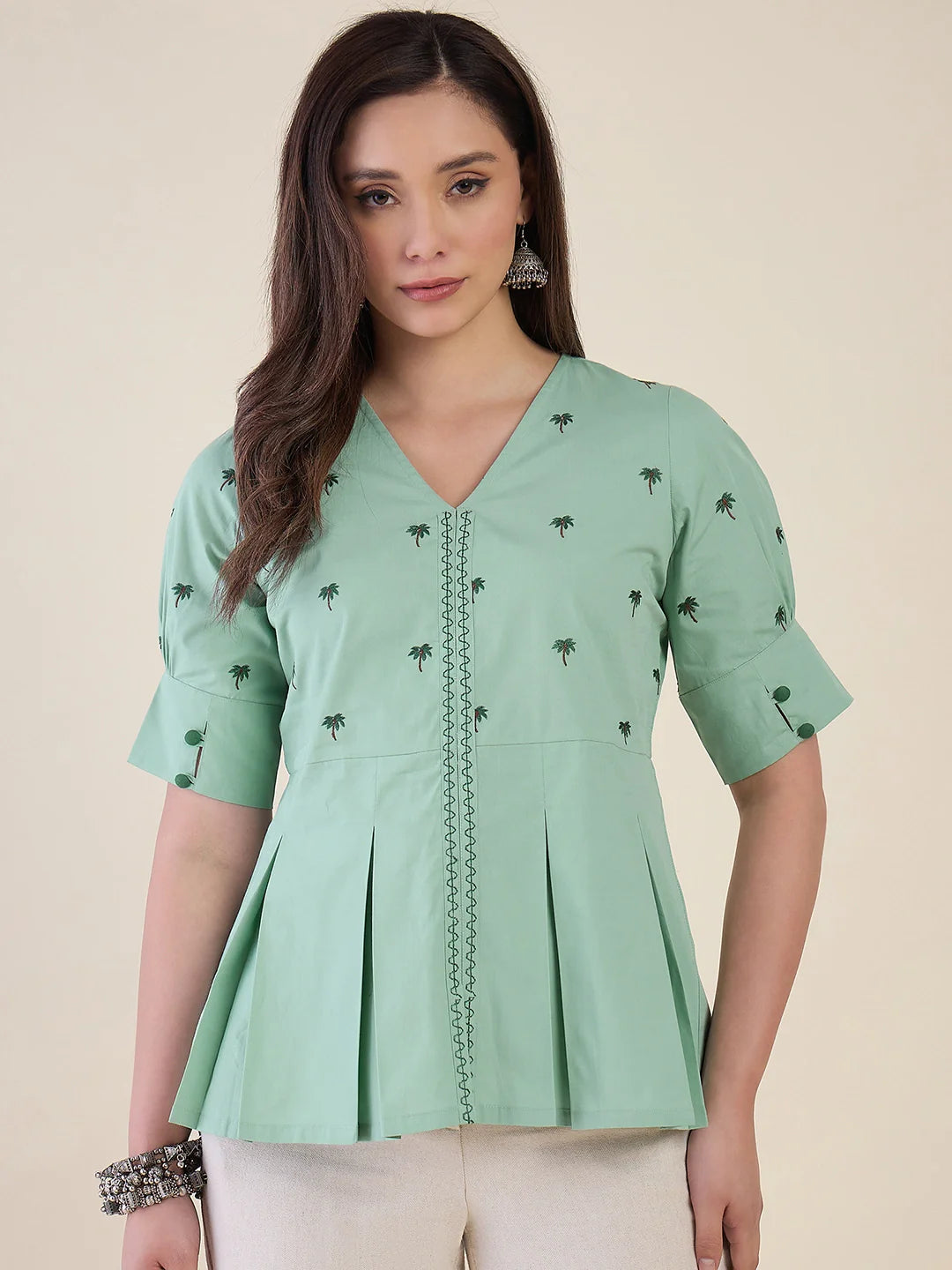Women's Mint Green Embroidered Peplum Top