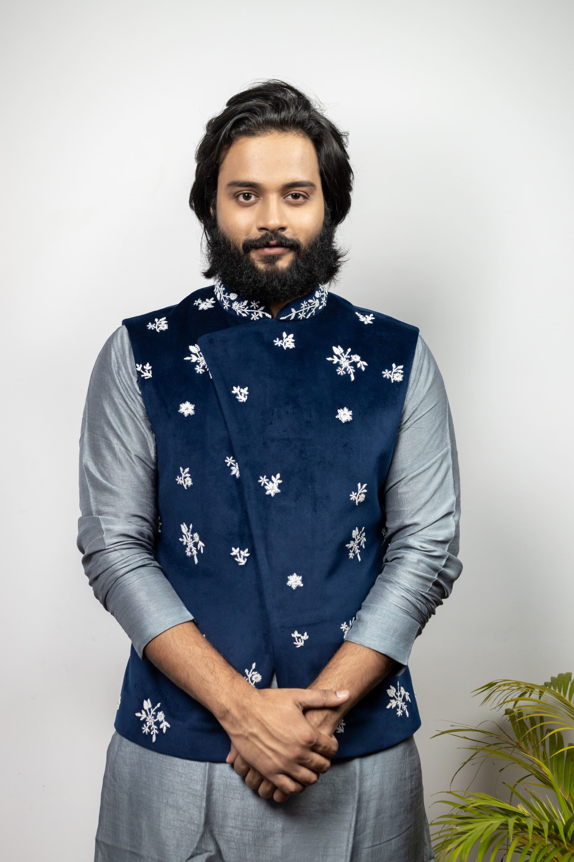 Men's Blue Color Jacket With Kurta Pant Set