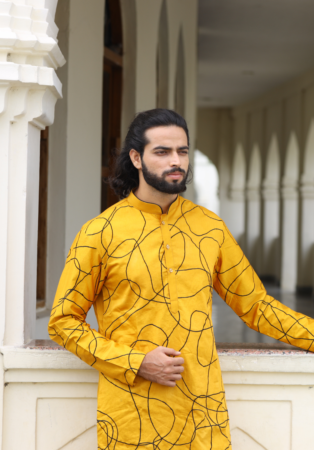Men's Yellow Color Niran Yellow Abstract Embroidered Kurta Cotton