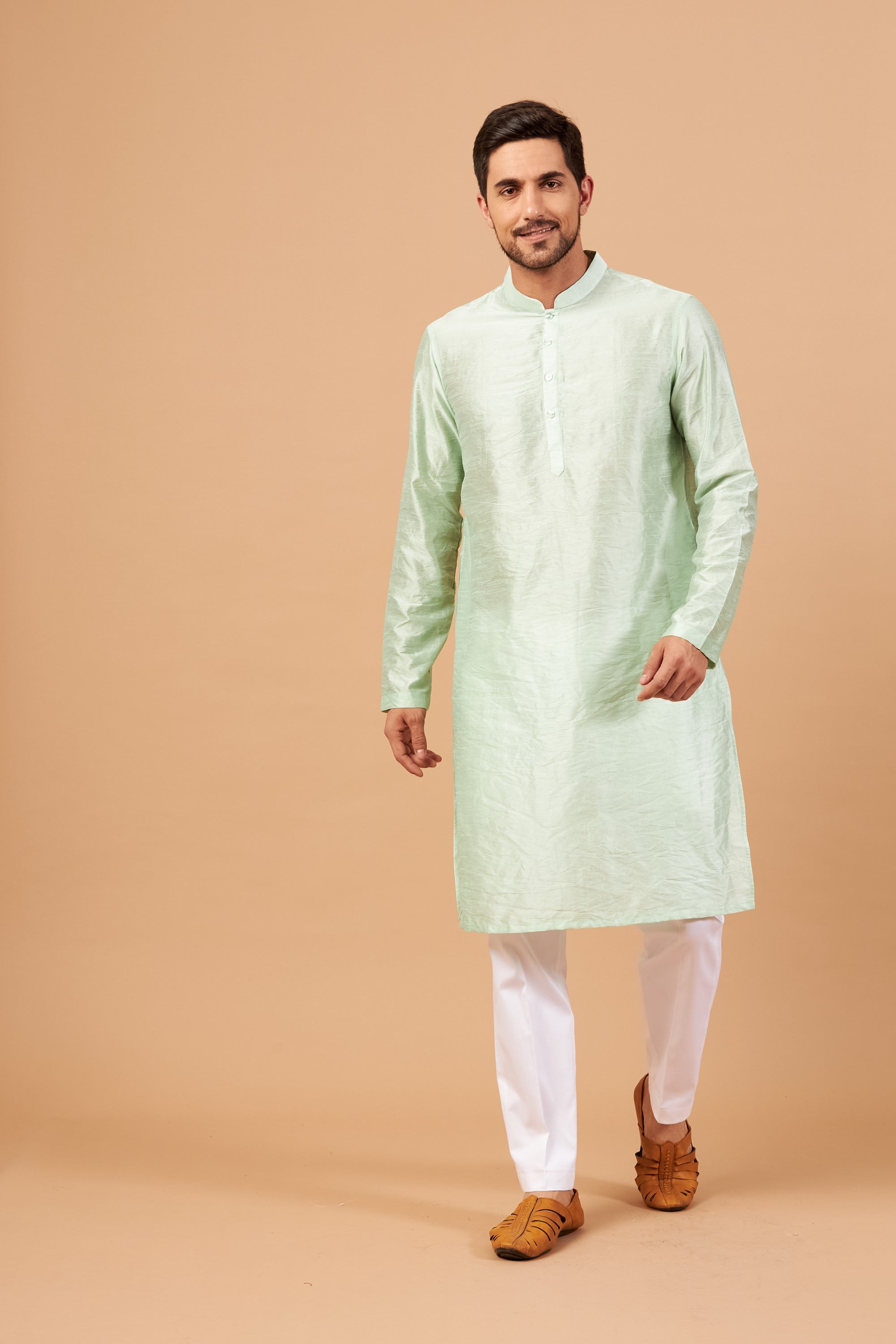 Men's Pastel Green Colorpalin Kurta Falling Raw Silk