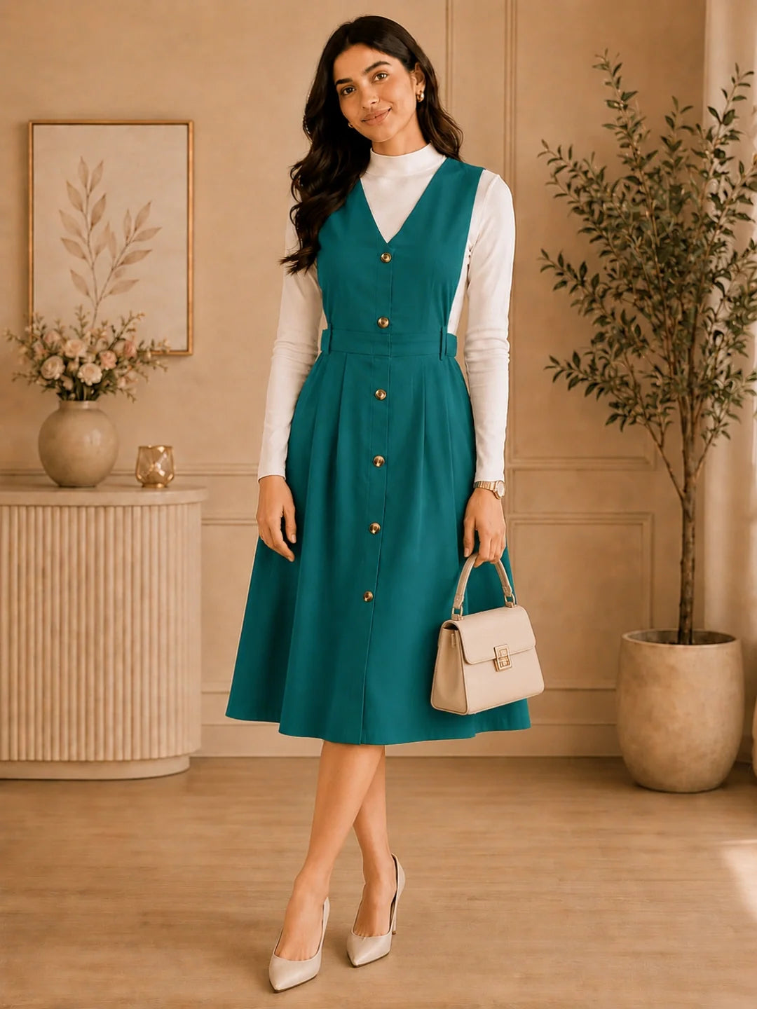 Women's Solid Teal Button-Down Pinafore Dress