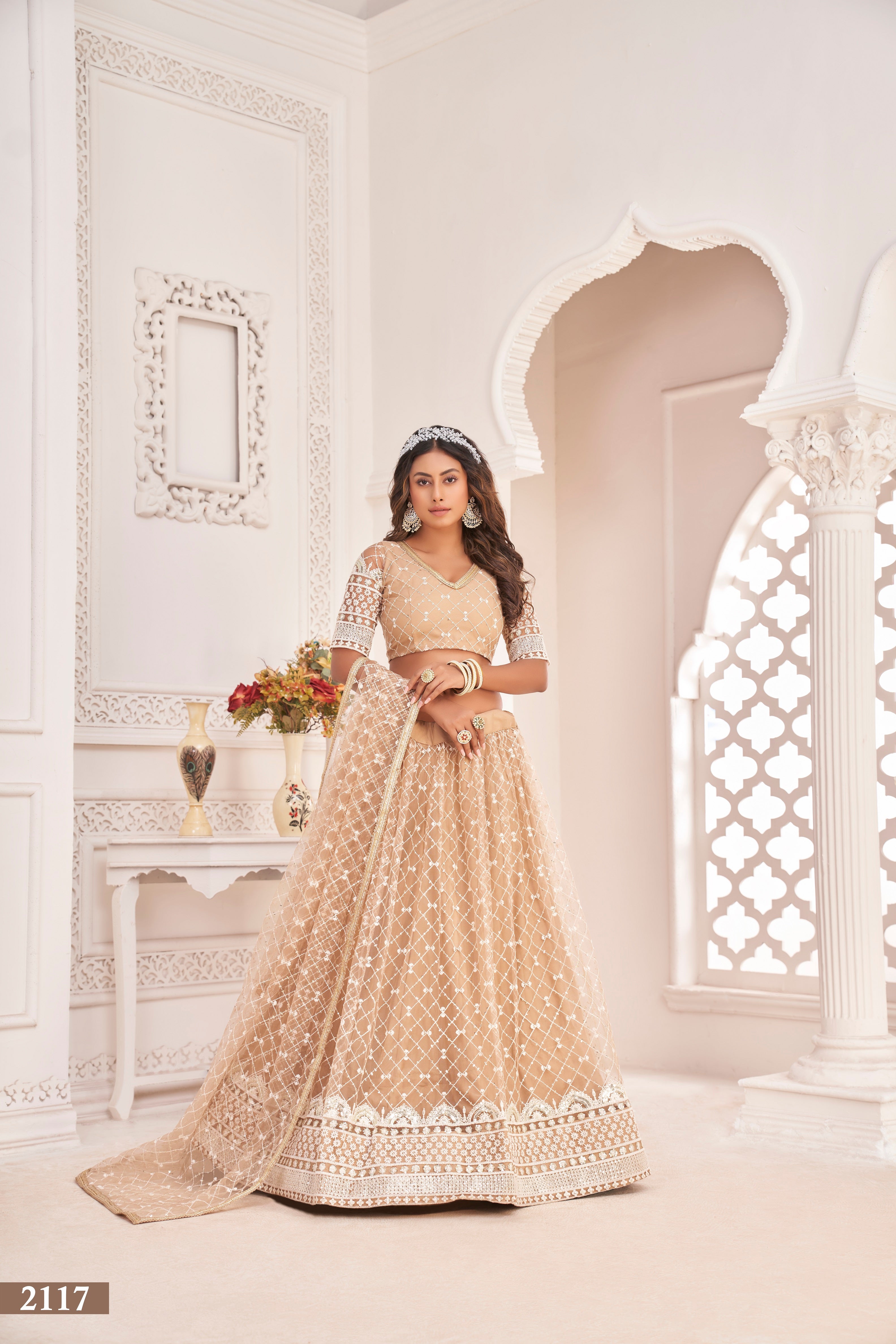 Women's Dusty Chiku Net Thread Embroidery Lehenga Set