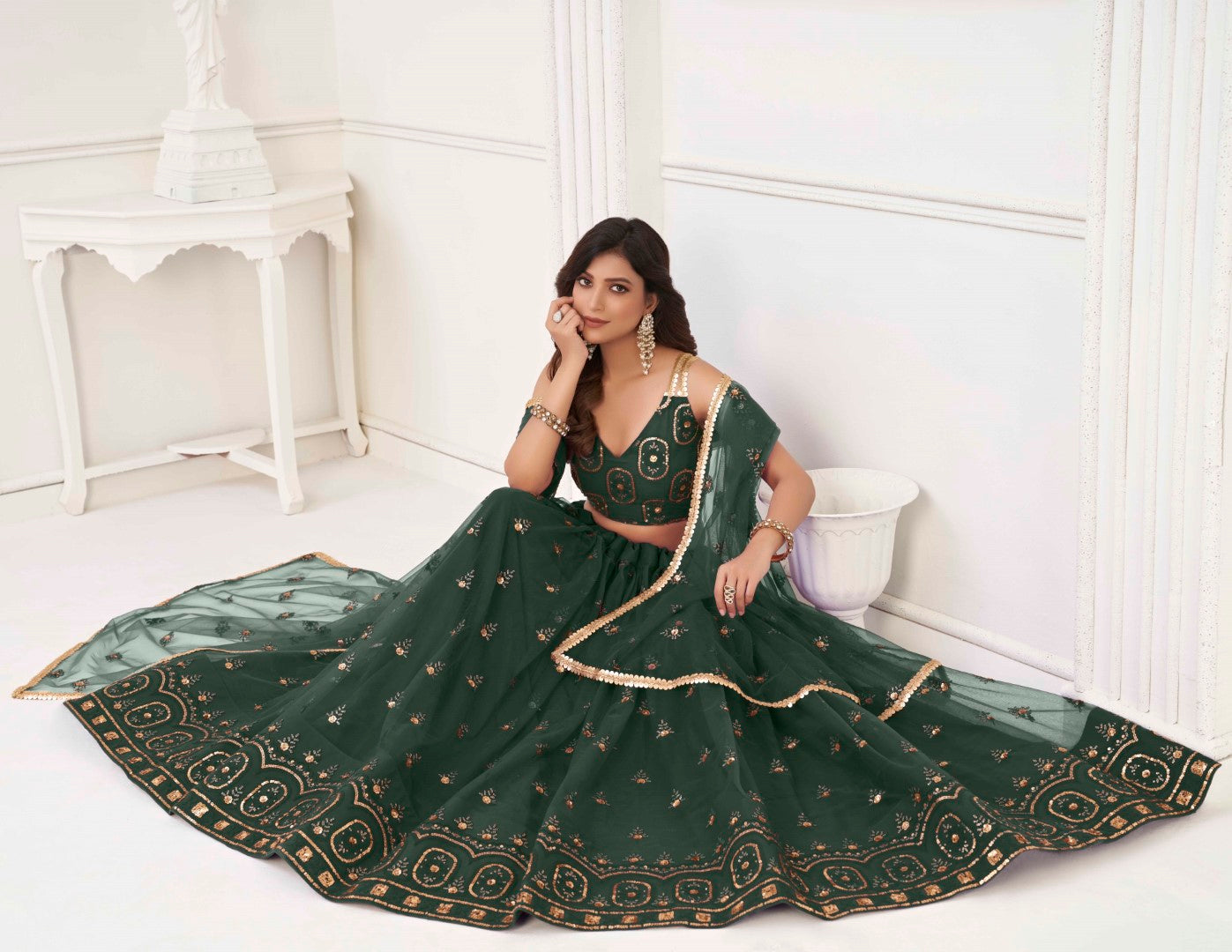 Women's Dark Green Net Thread Embroidery Lehenga Set