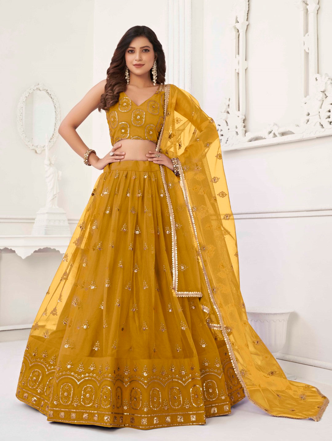 Women's Mustard Net Thread Embroidery Lehenga Set