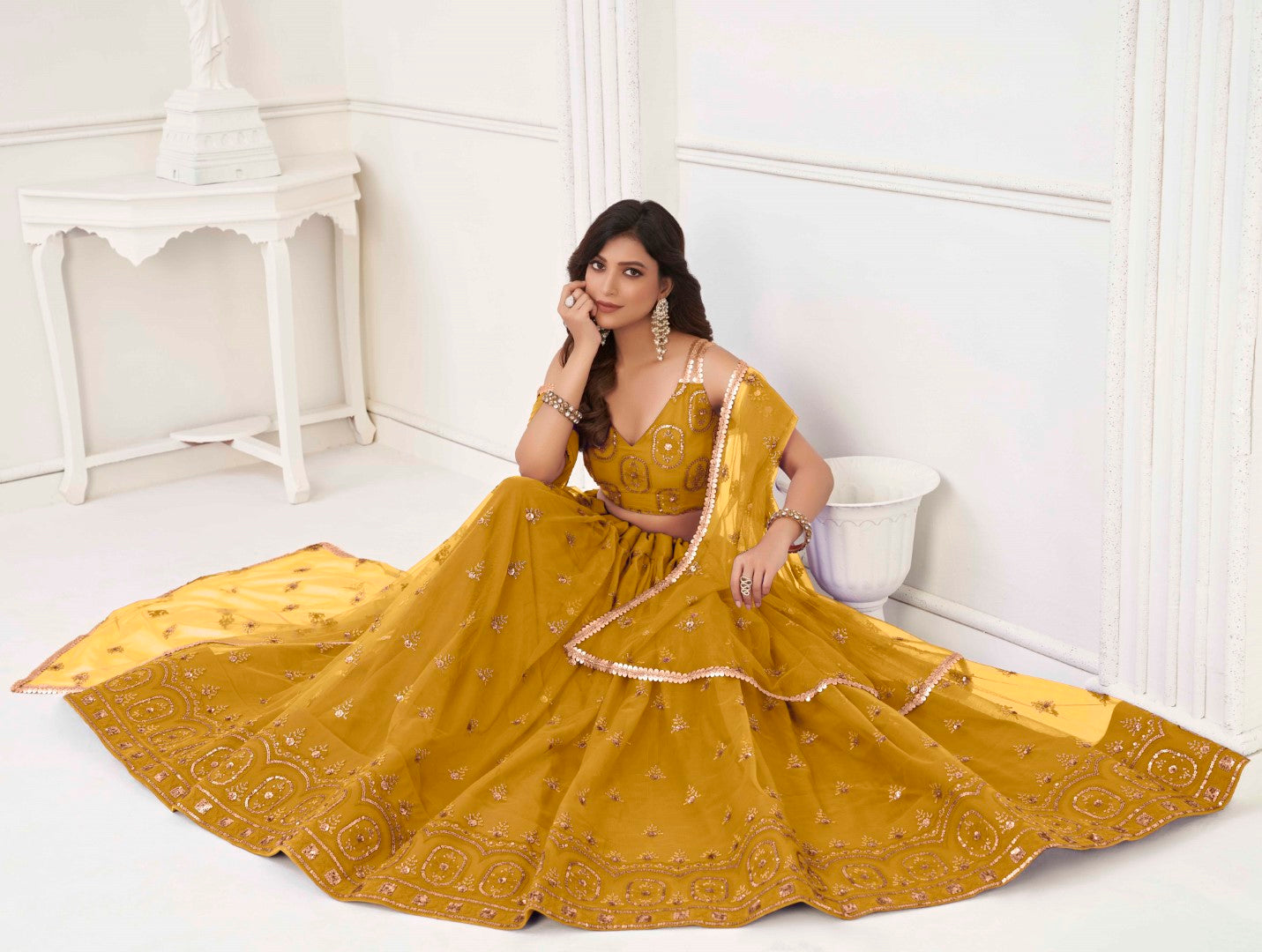 Women's Mustard Net Thread Embroidery Lehenga Set