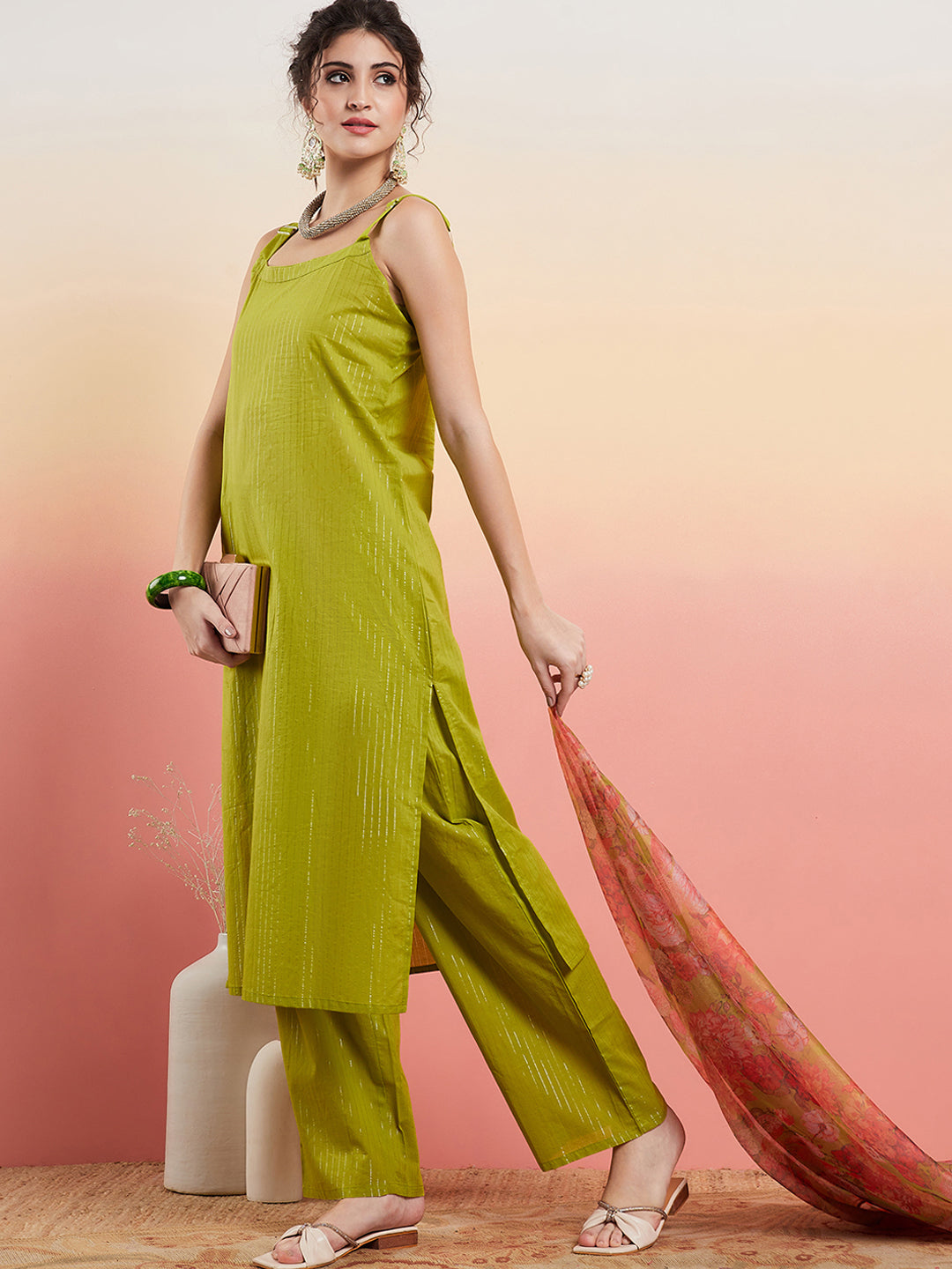 Women's Lime Green Lurex Strappy Straight Kurta Set W Organza Dupatta