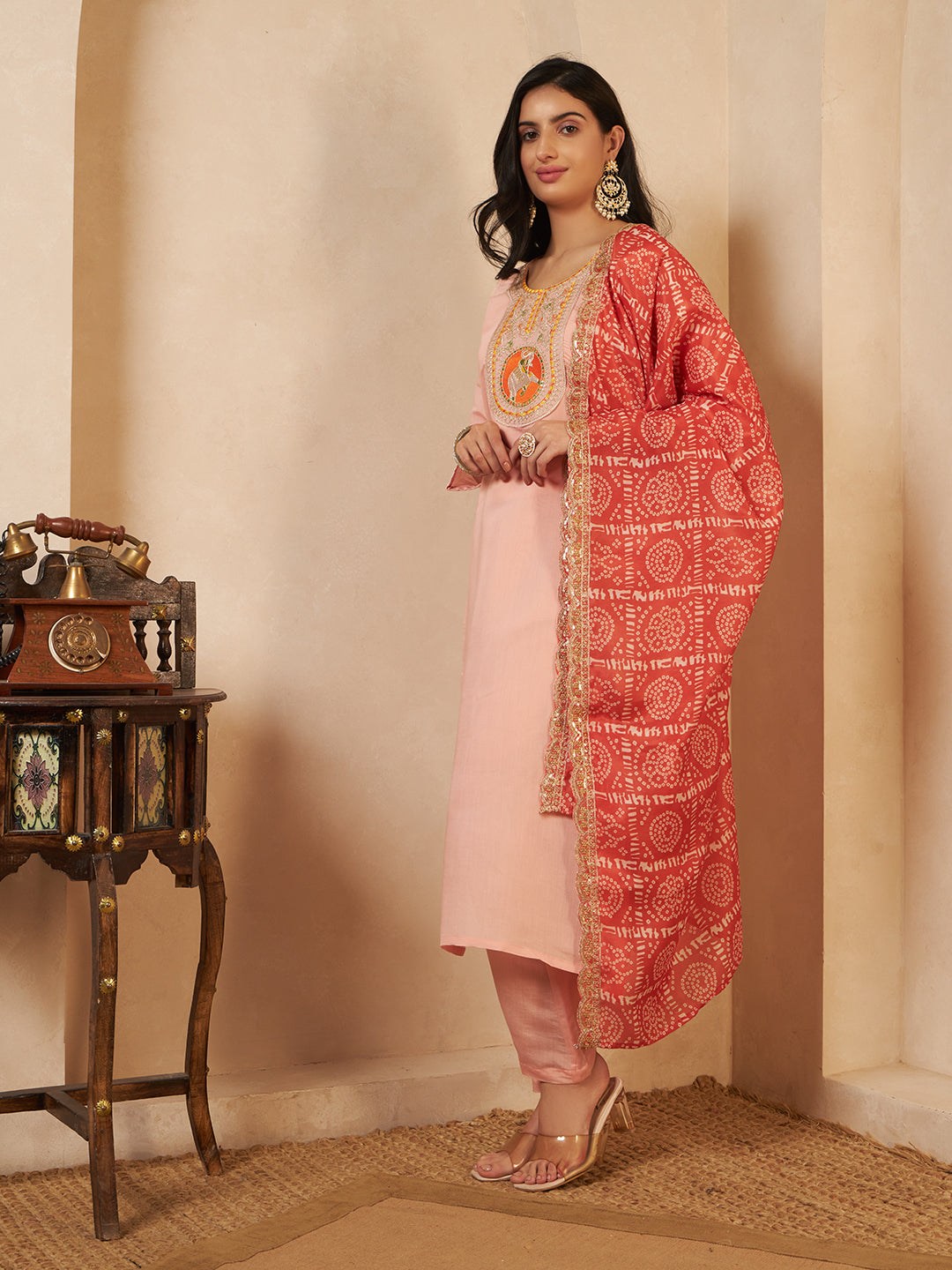 Women's Pink Cream Viscose Emroidery Coding Work Kurta Set