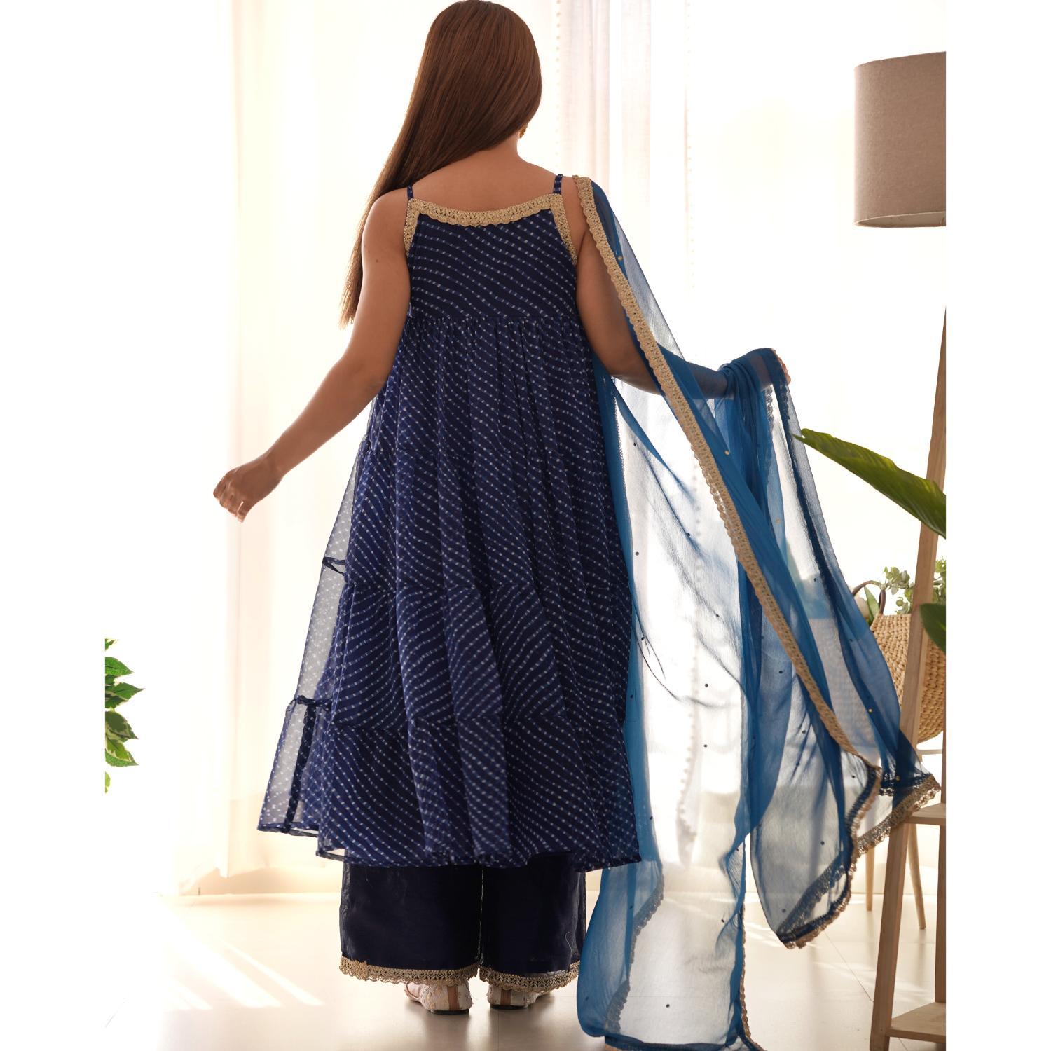 Women's Navy Blue Leheriya Anarkali Palazzo Set With Dupatta