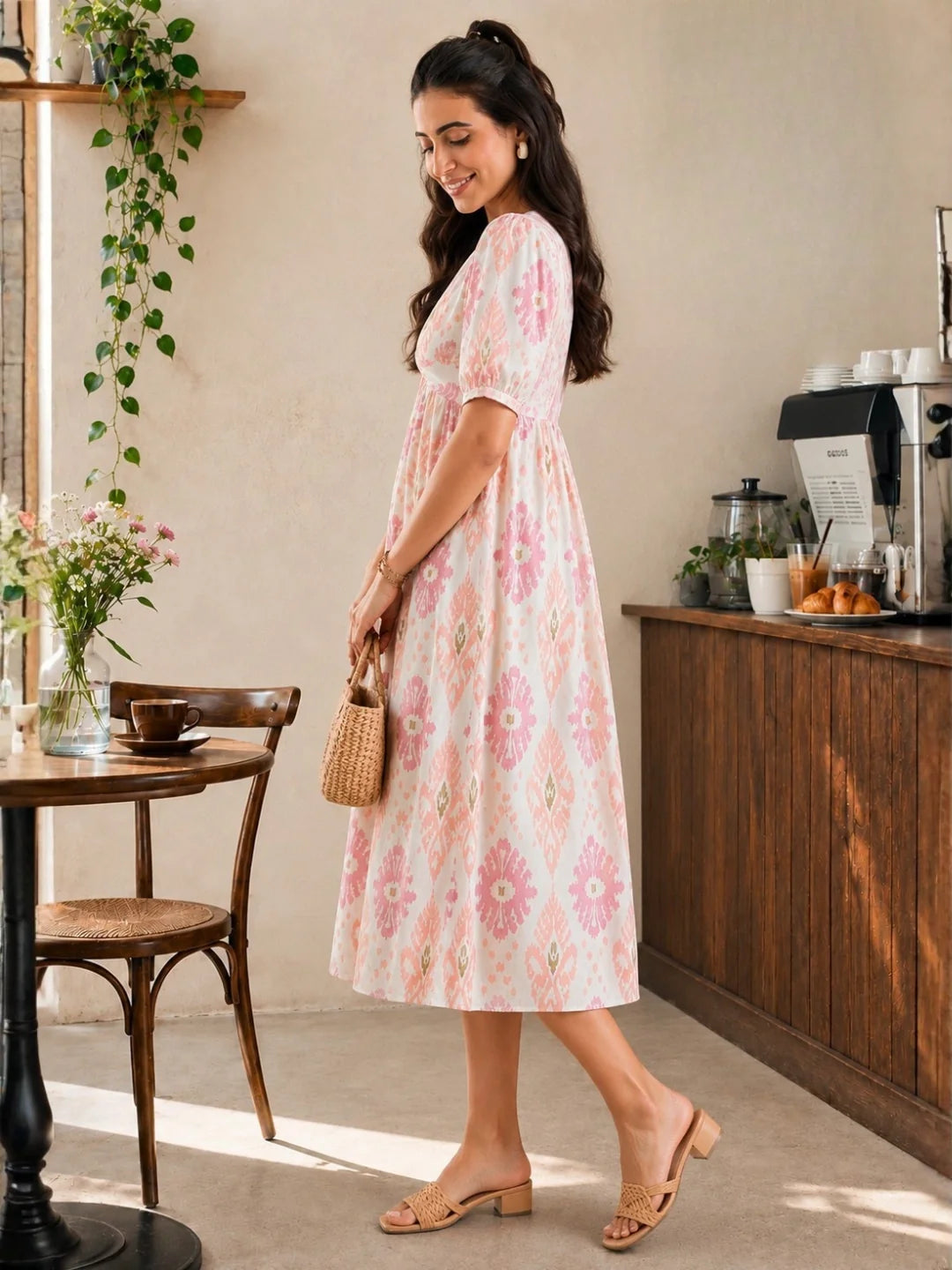 Women's Cotton Ikat Printed Knotted Midi Dress