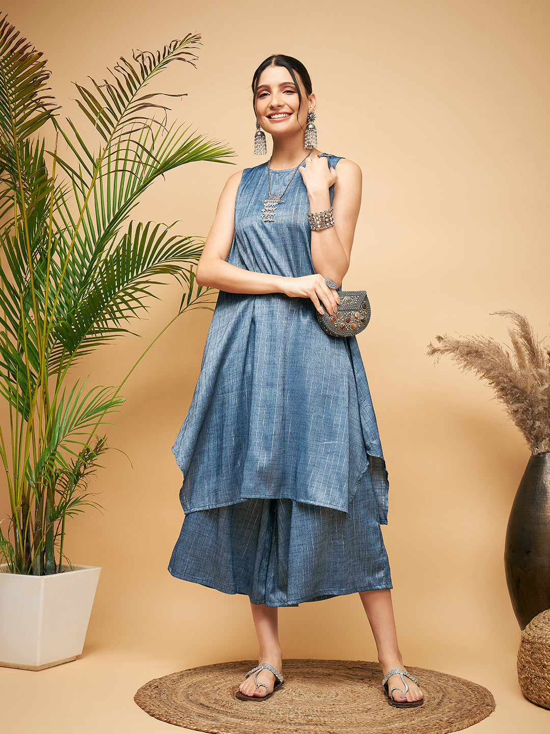 Women's Blue Lurex Short Pallazo Kurta Set
