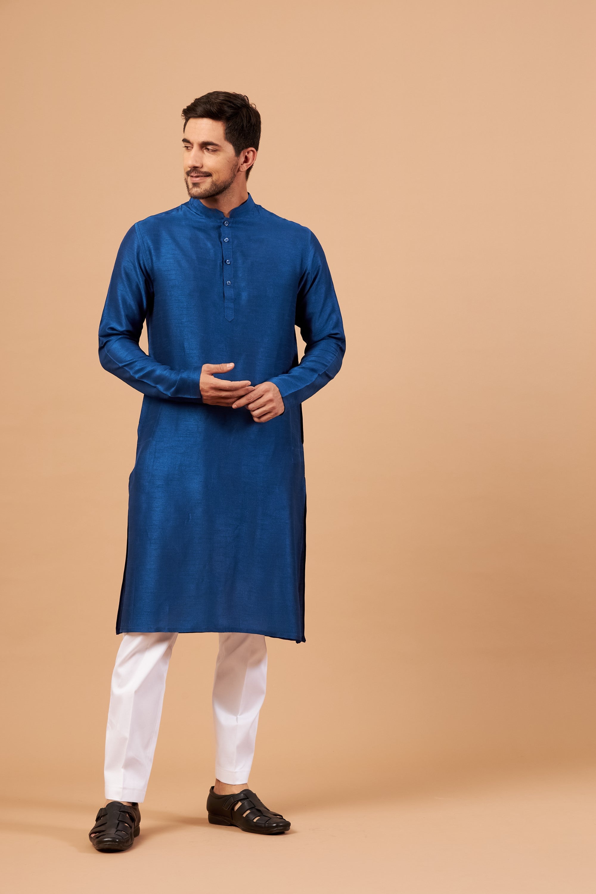 Men's Blue Color Plain Kurta Falling Raw Silk