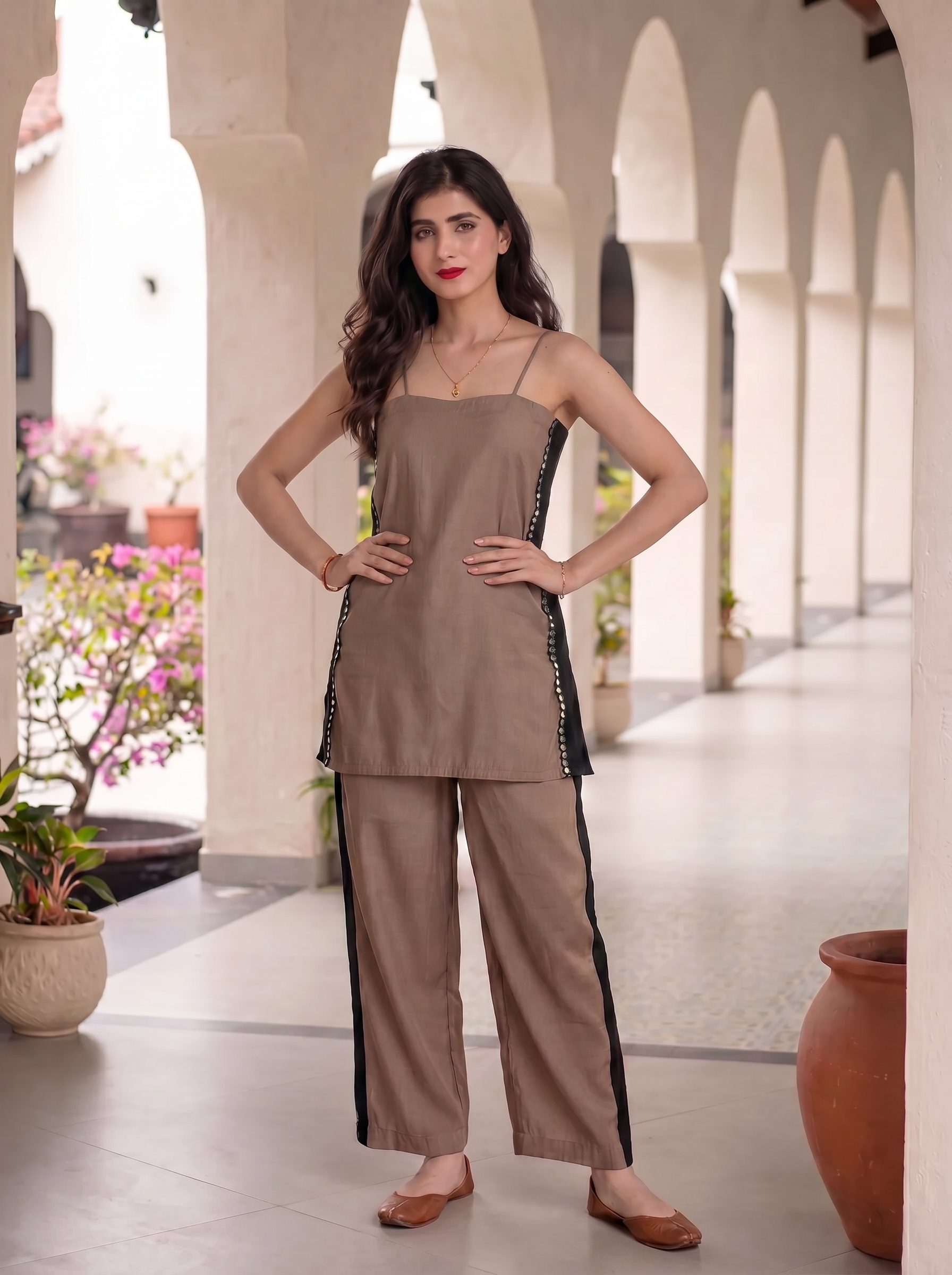 Women's Beige & Black Roman Silk Mirror Work Lace-Up Back Co-Ord Set