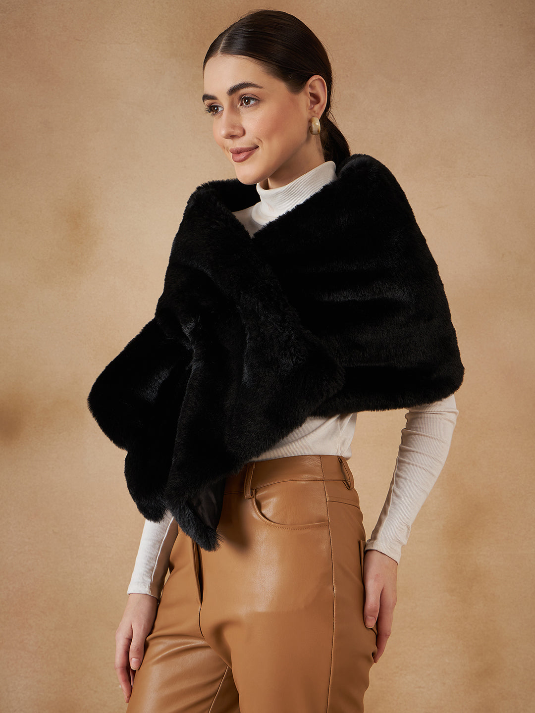 Women's Black Long Faux Fur Cape