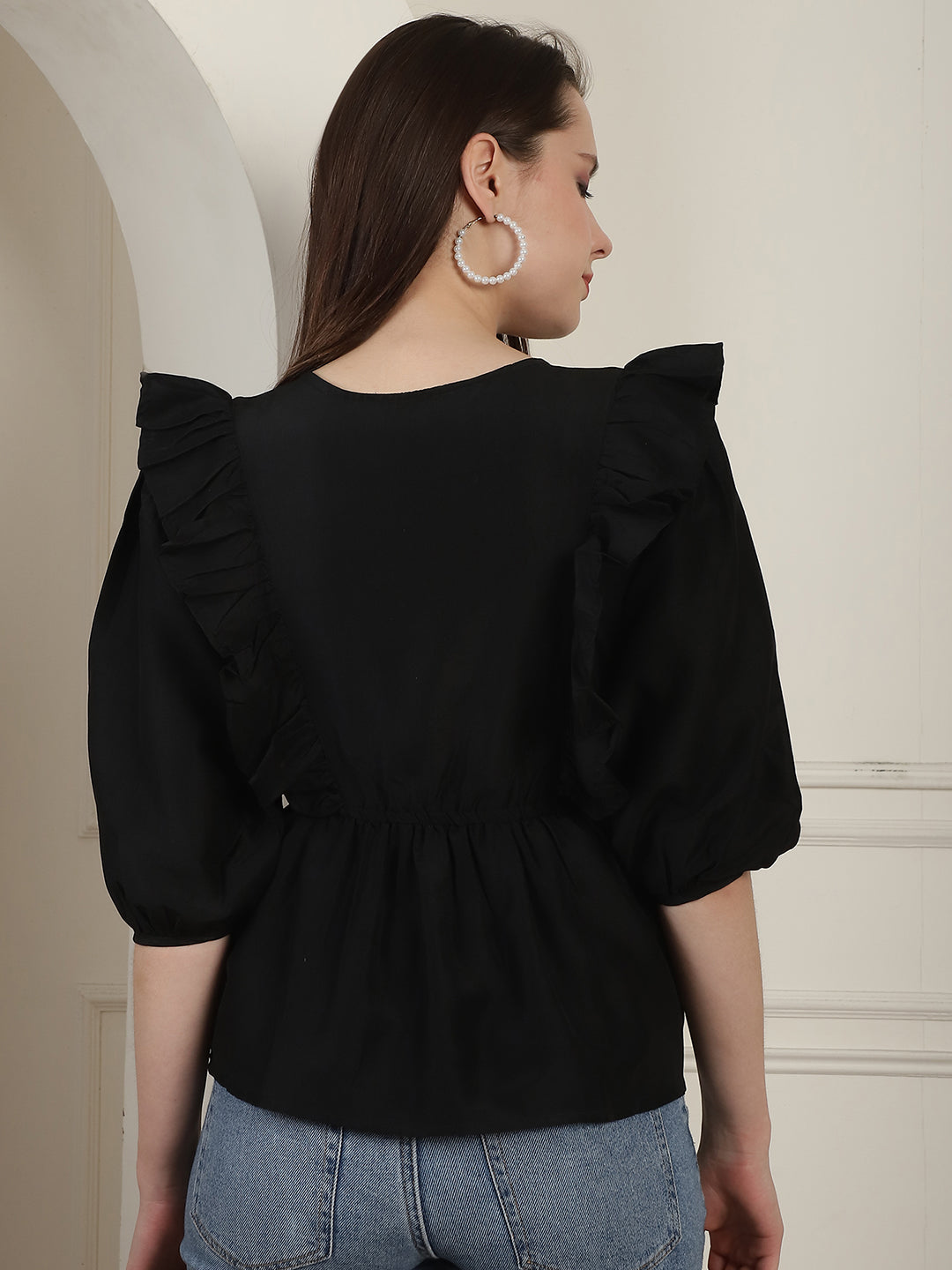 Women's Black Solid Women's Top With Frills