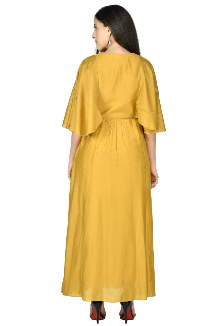 Women's Mustard Chanderi Embroidery Gown