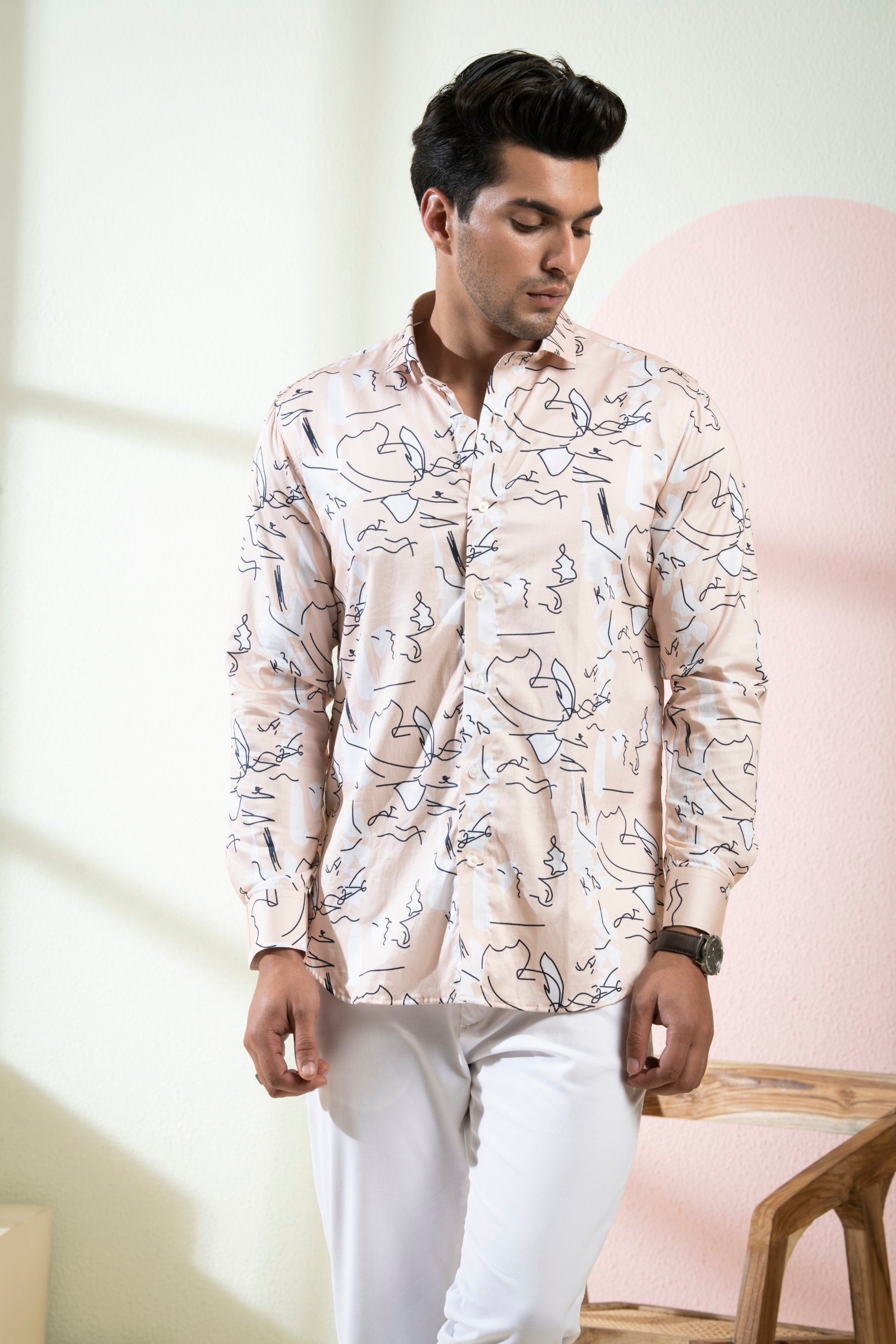 Men's Peach Color Veined Full Sleeves Shirt