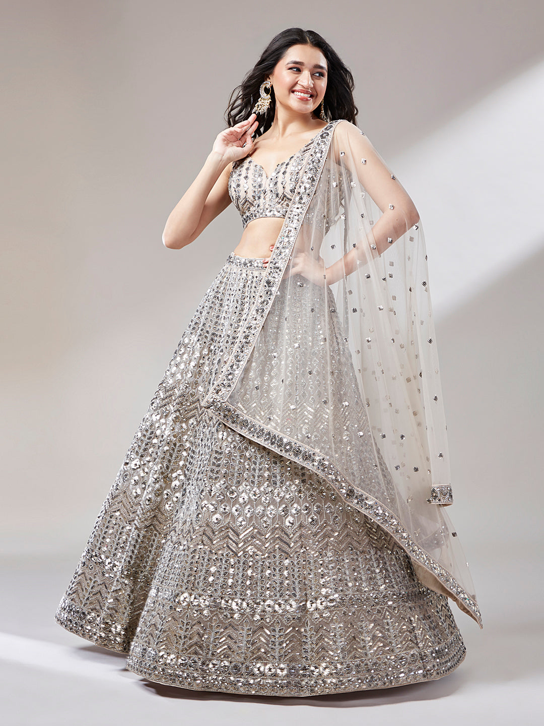 Women's Beige - Net Mirror & Sequins Embroiderey Ready To Wear  Lehenga Choli