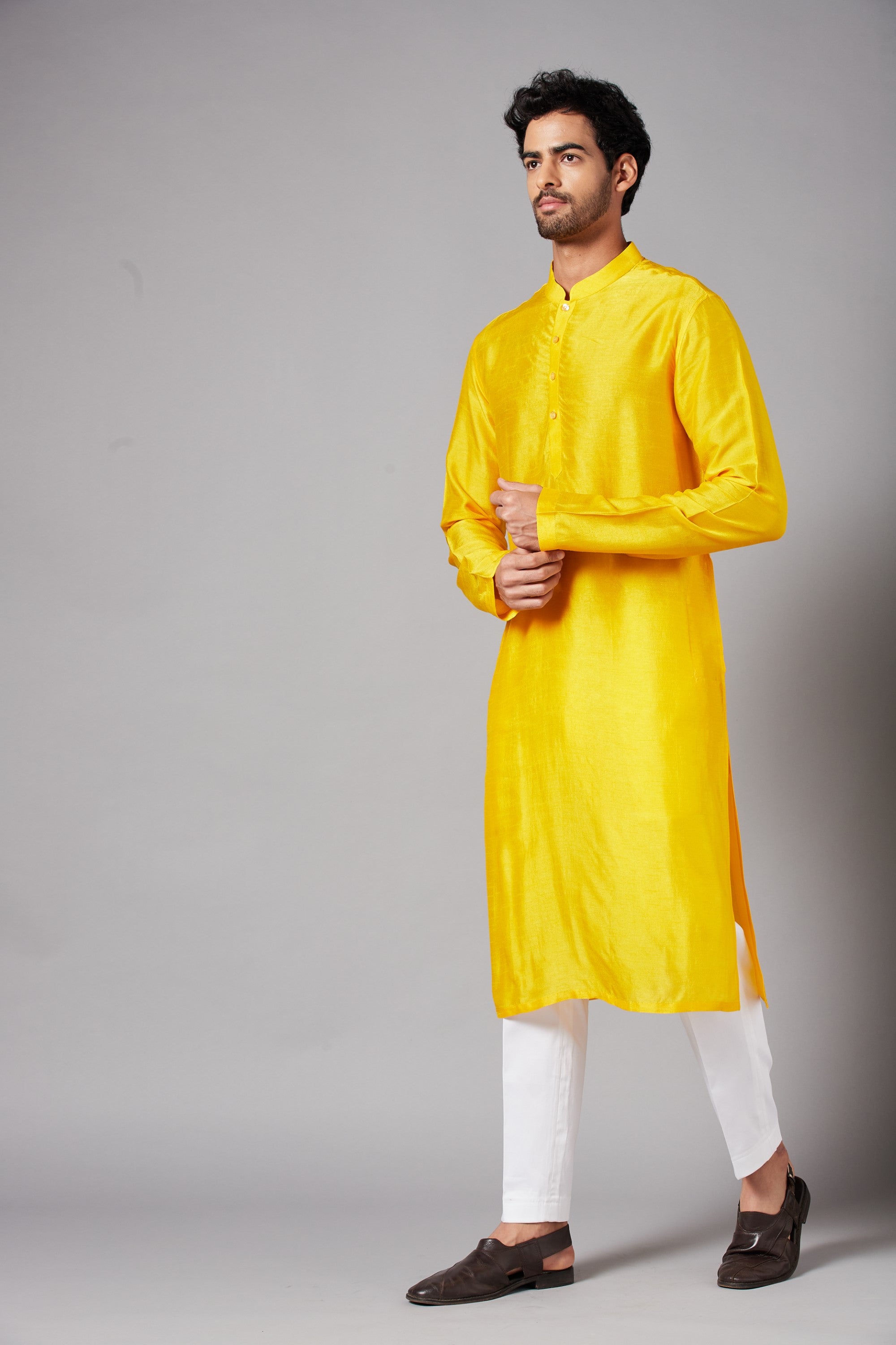 Men's Yellow Color Plain Kurta Falling Raw Silk