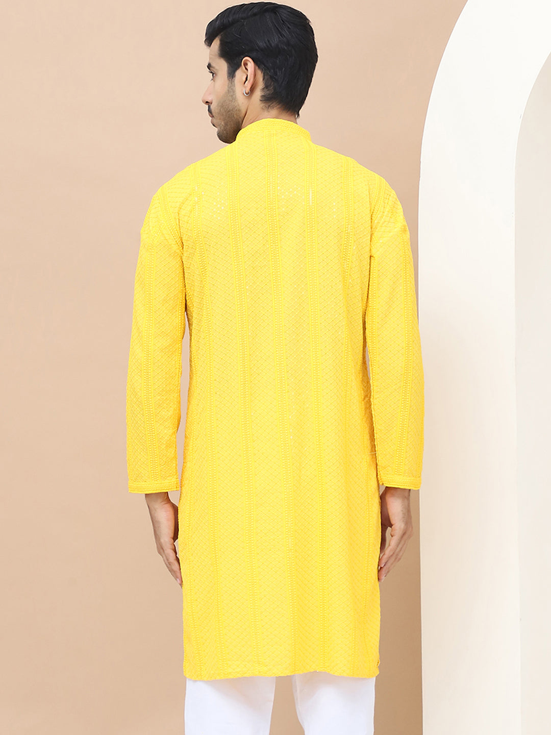 Men's  Yellow Viscose Rayon Embroidered Kurta