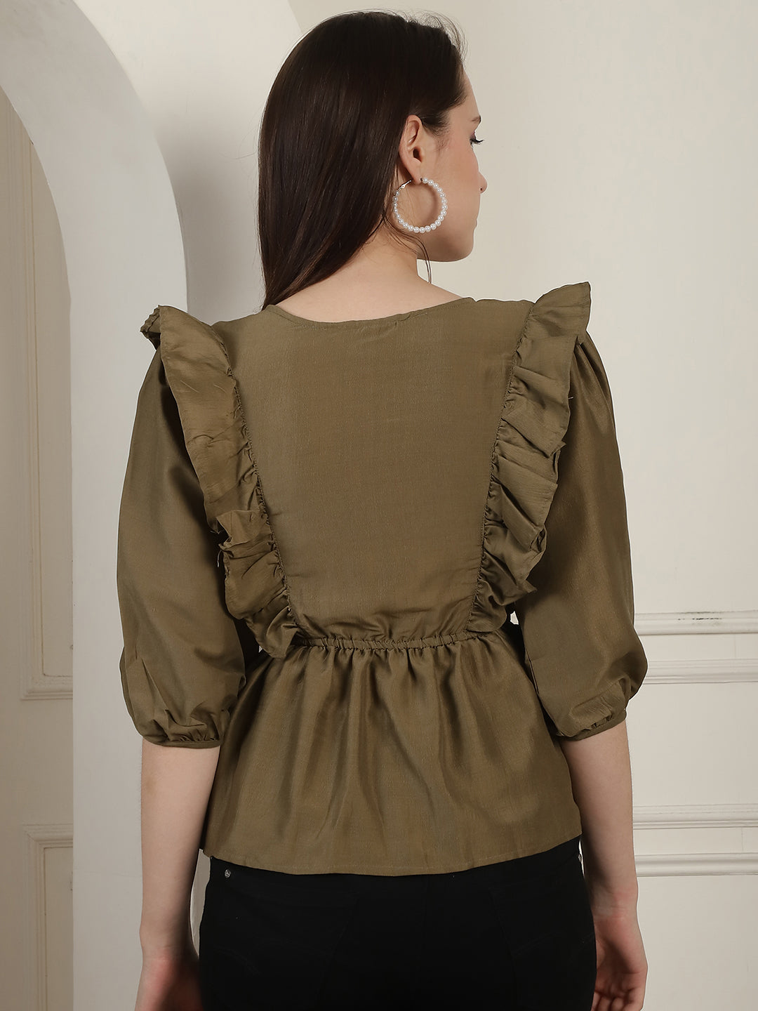 Women's Brown Solid Women's Top With Frills