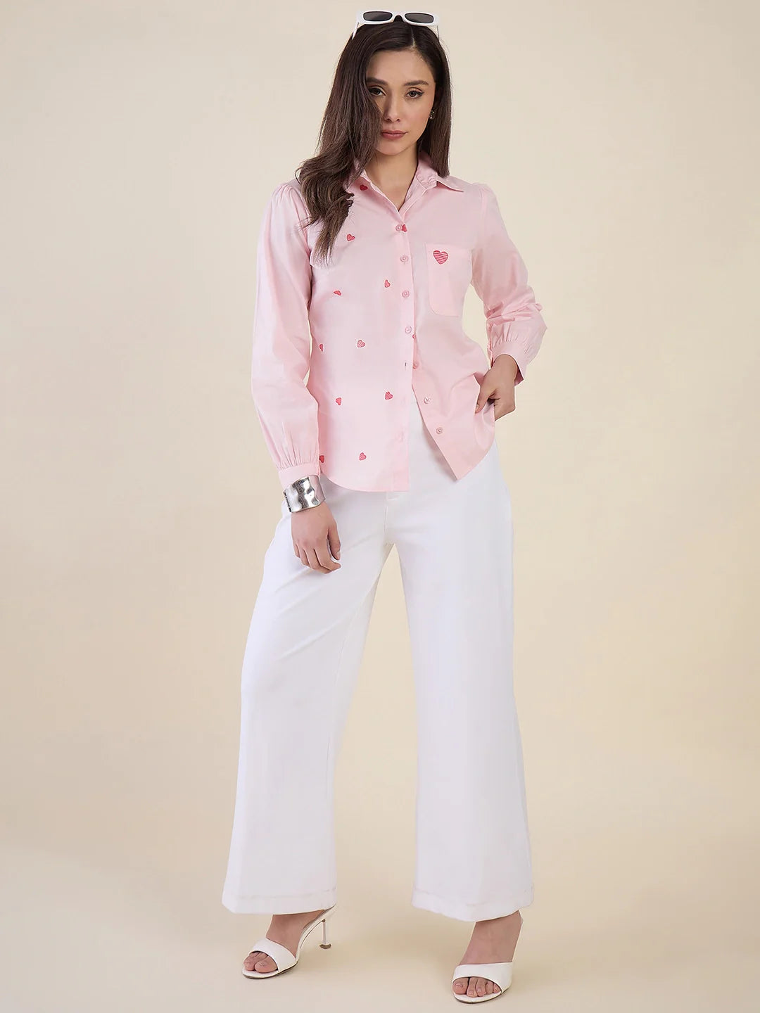 Women's Pink Heart Embroidered Casual Shirt