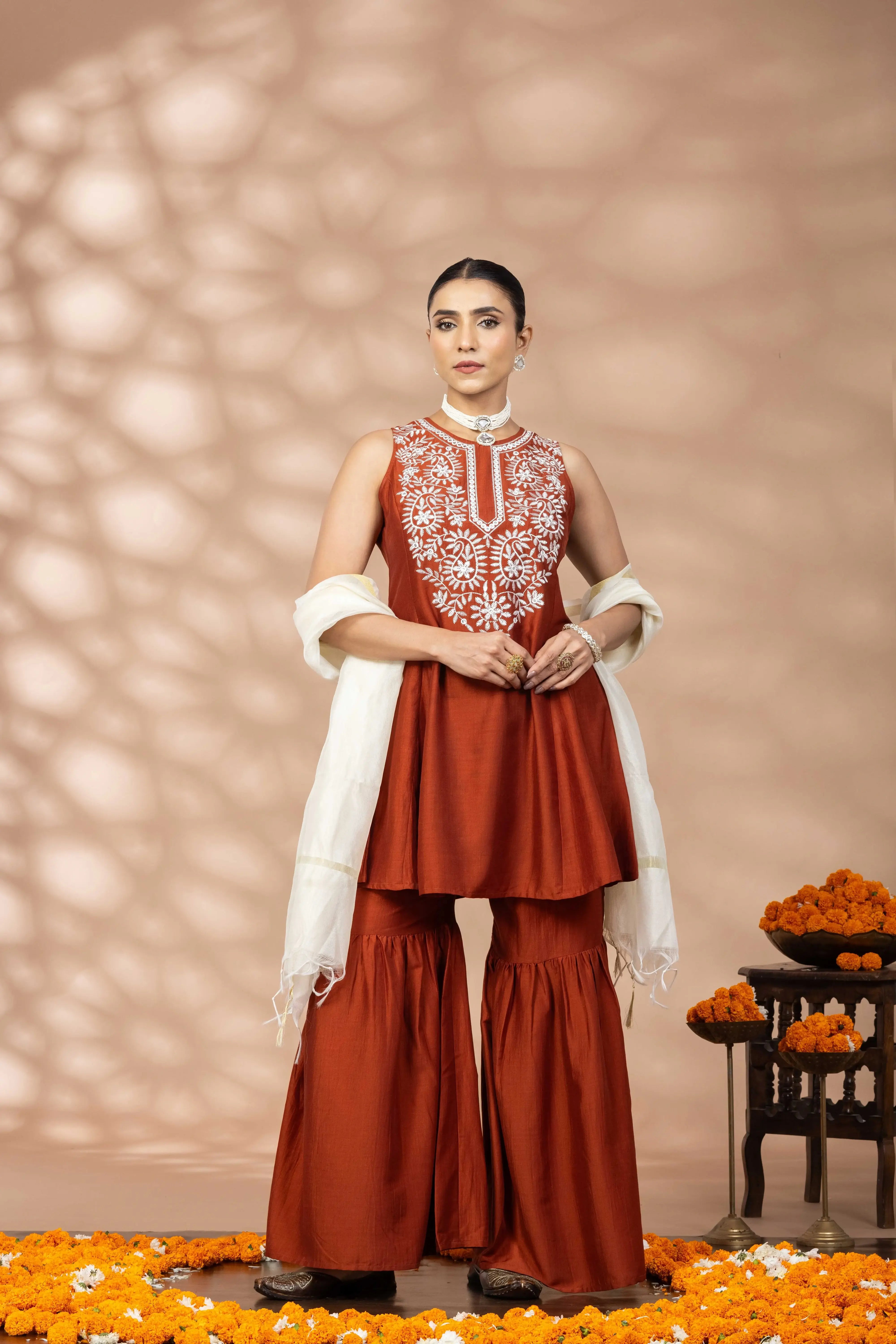 Women's Rust silk Flared Sharara Set