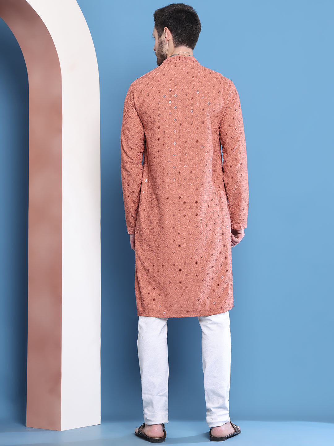 Men's  Peach Viscose Rayon Embroidered Kurta