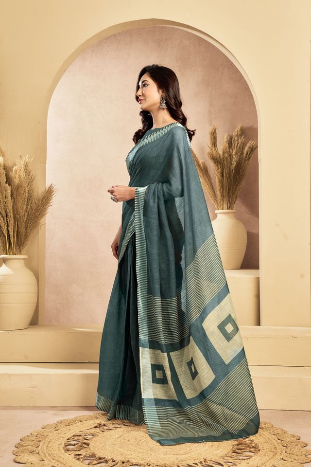 Women's Dark Army Green Linen Printed Saree