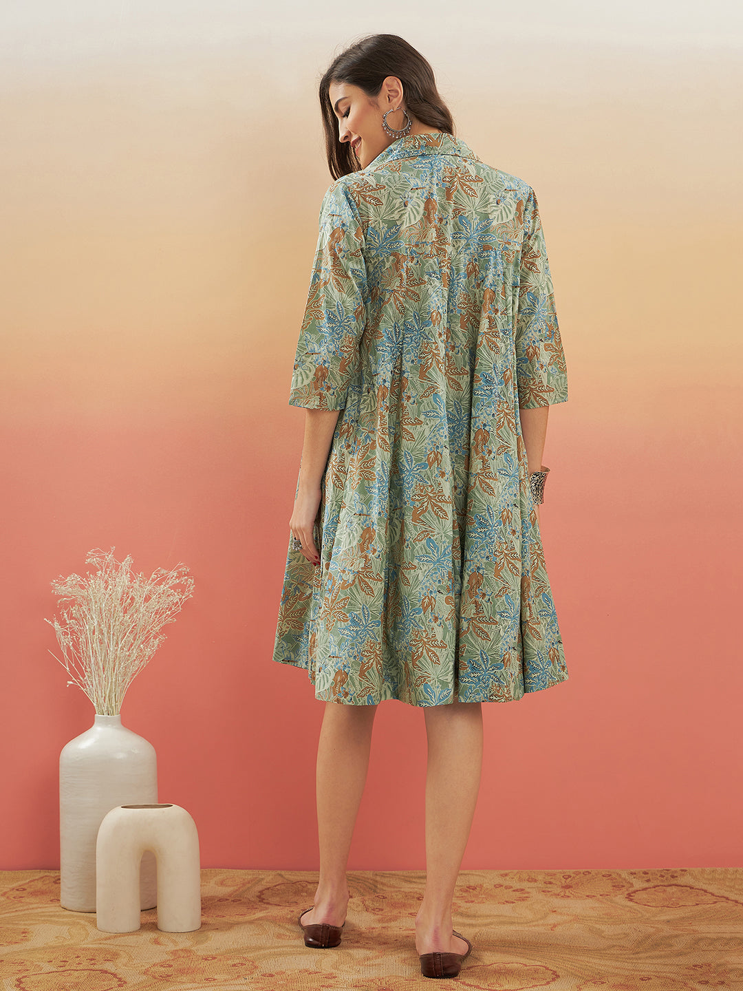 Women's Dull Green Leaf Floral Print Flared Dress