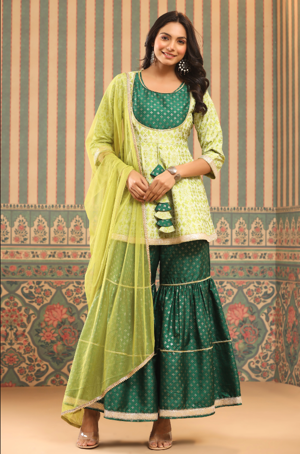 Women's Green Shantoon Slub Foil Printed Kurta, Sharara & Dupatta Set.