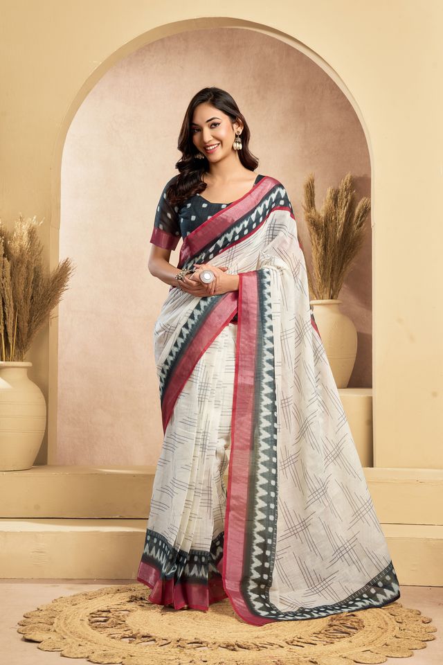 Women's White Linen Printed Saree