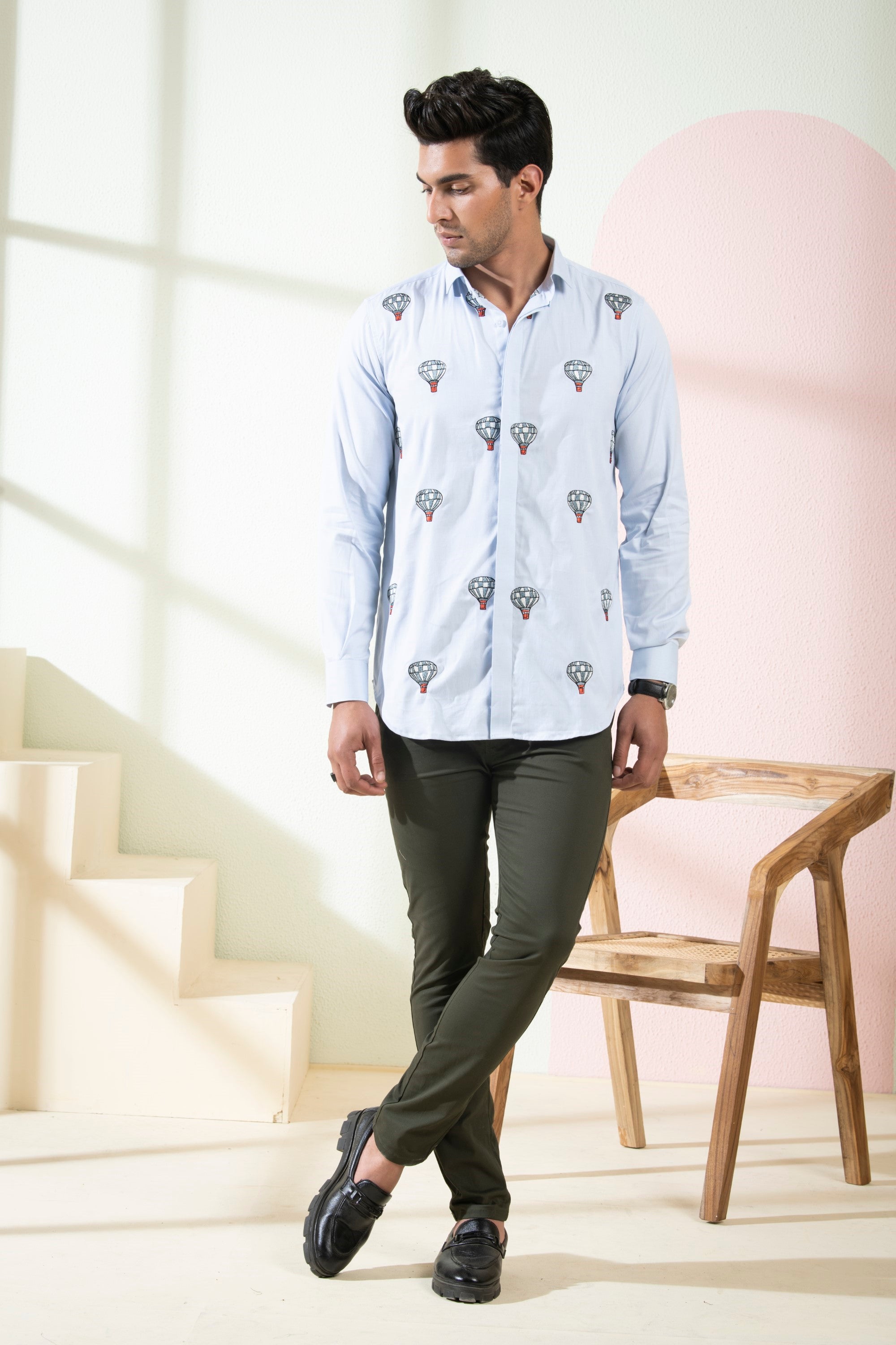 Men's Light Blue Color Float Full Sleeves Shirt