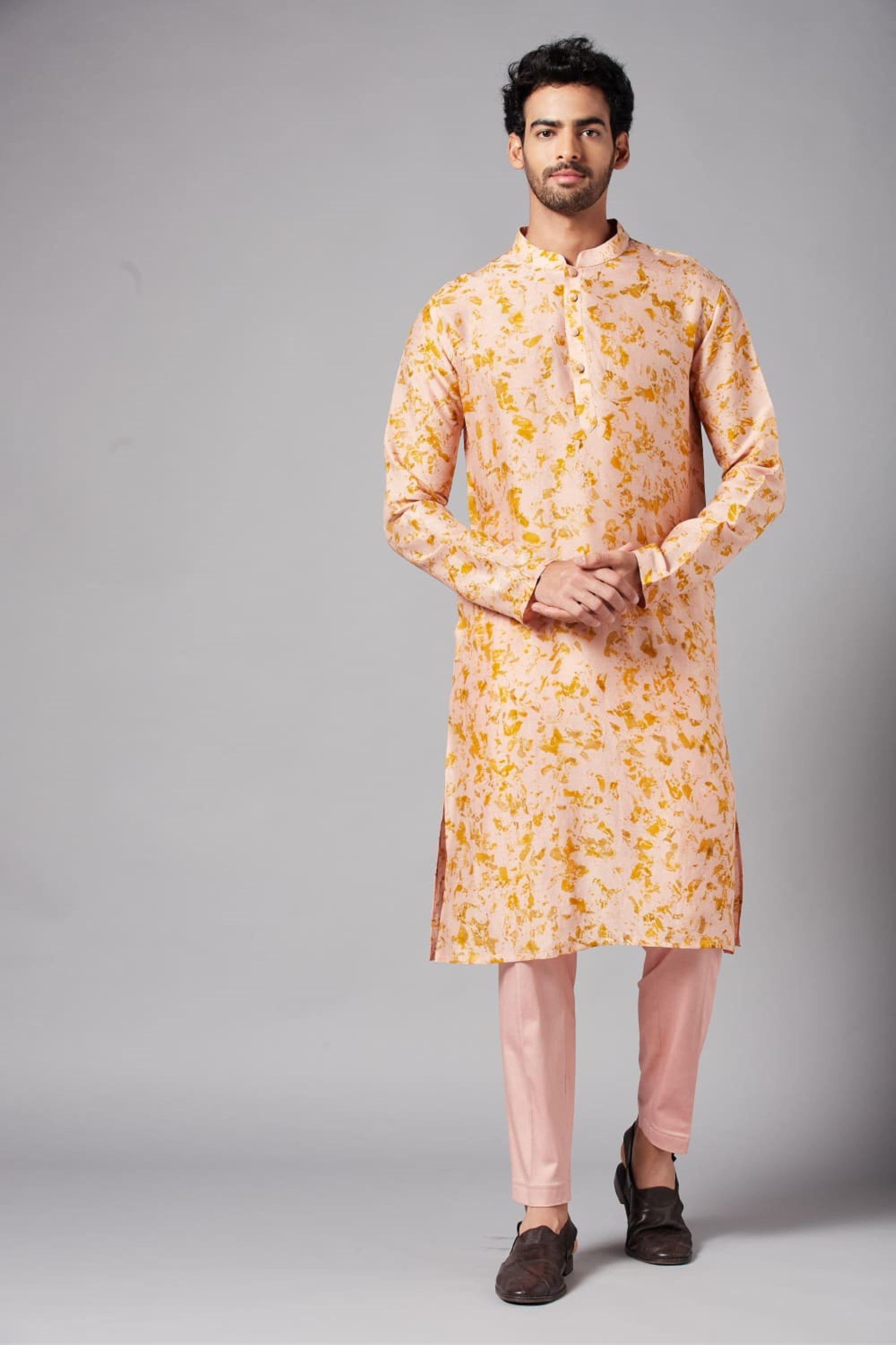 Men's Peachy Natural Dye Kurta With Crop Pants Coord Set Of Marigold Flowers