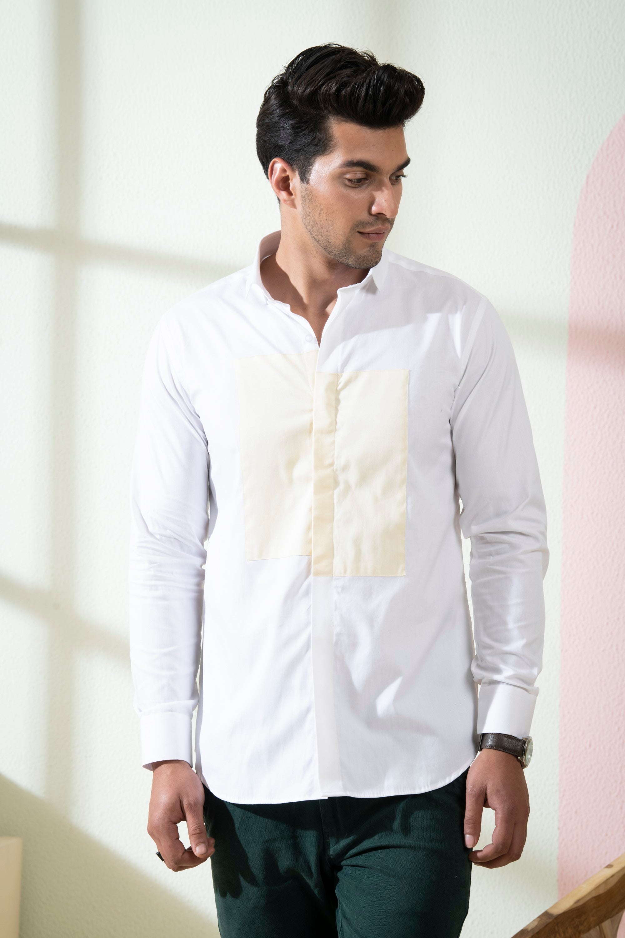 Men's White & Yellow Color Lolin Full Sleeves Shirt