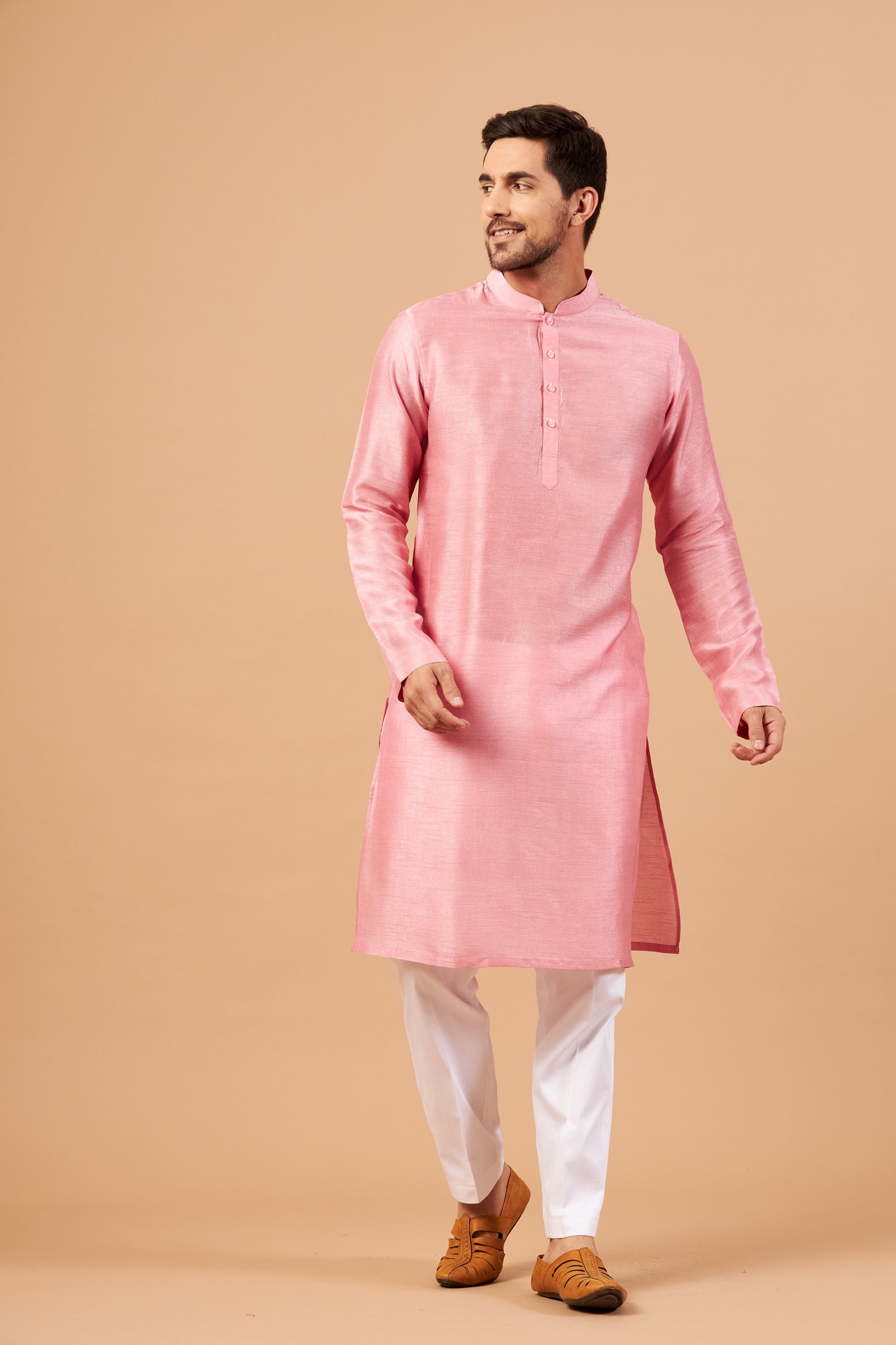 Men's Pink Color Plain Kurta Falling Raw Silk