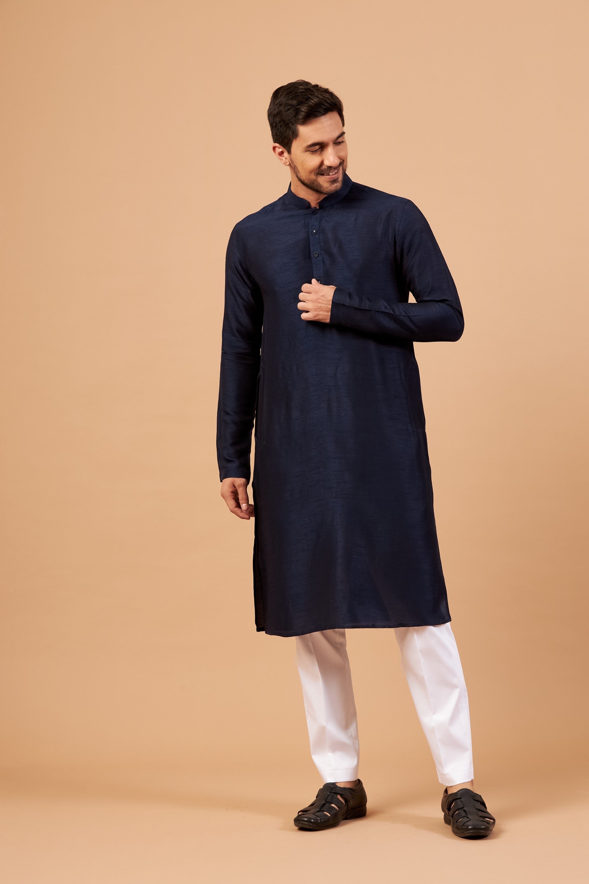 Men's Dark Blue Color Plain Kurta Falling Raw Silk