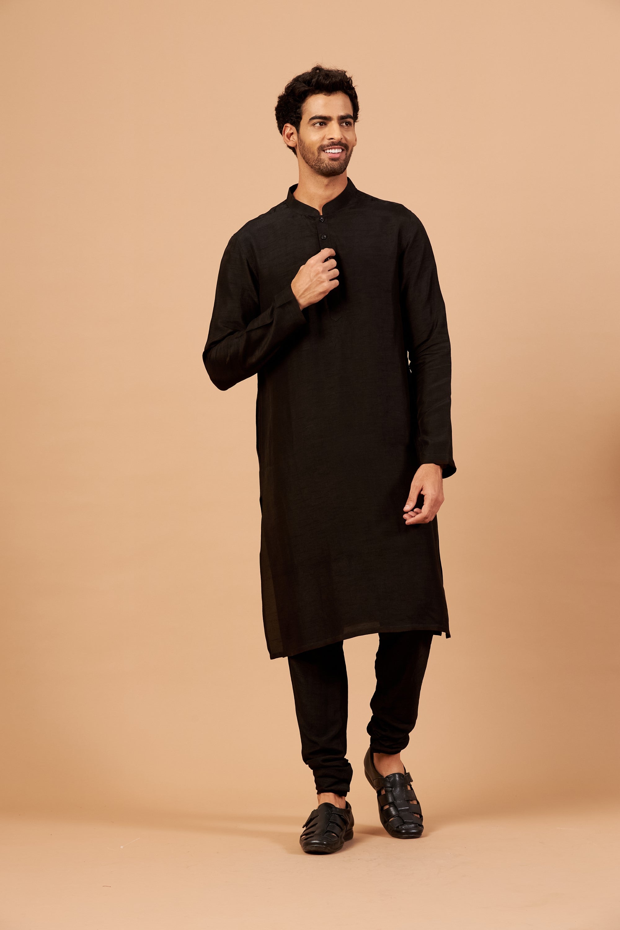 Men's Black Color Palian Kurta Falling Raw Silk