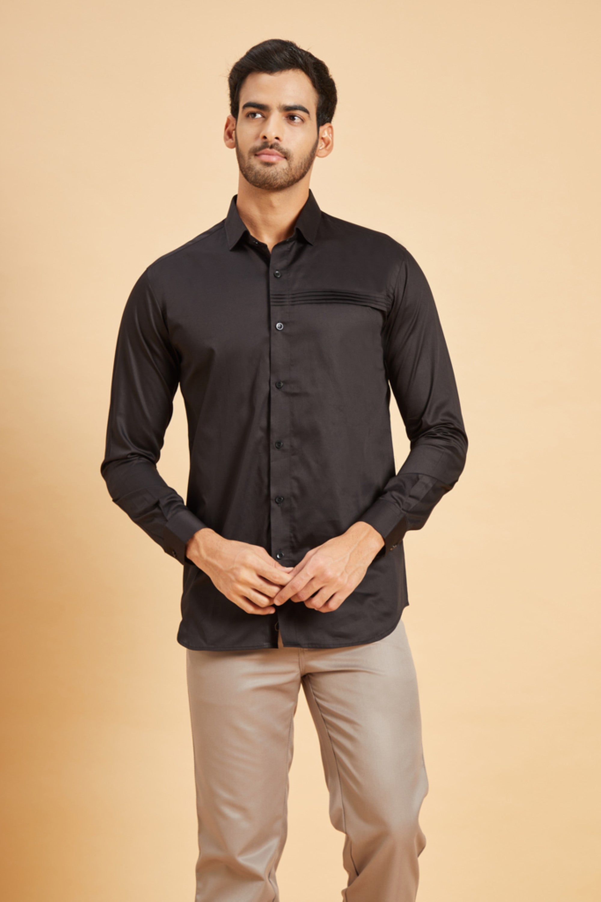 Men's Black Color Ragic Pintuck Shirt Full Sleeves Casual Shirt