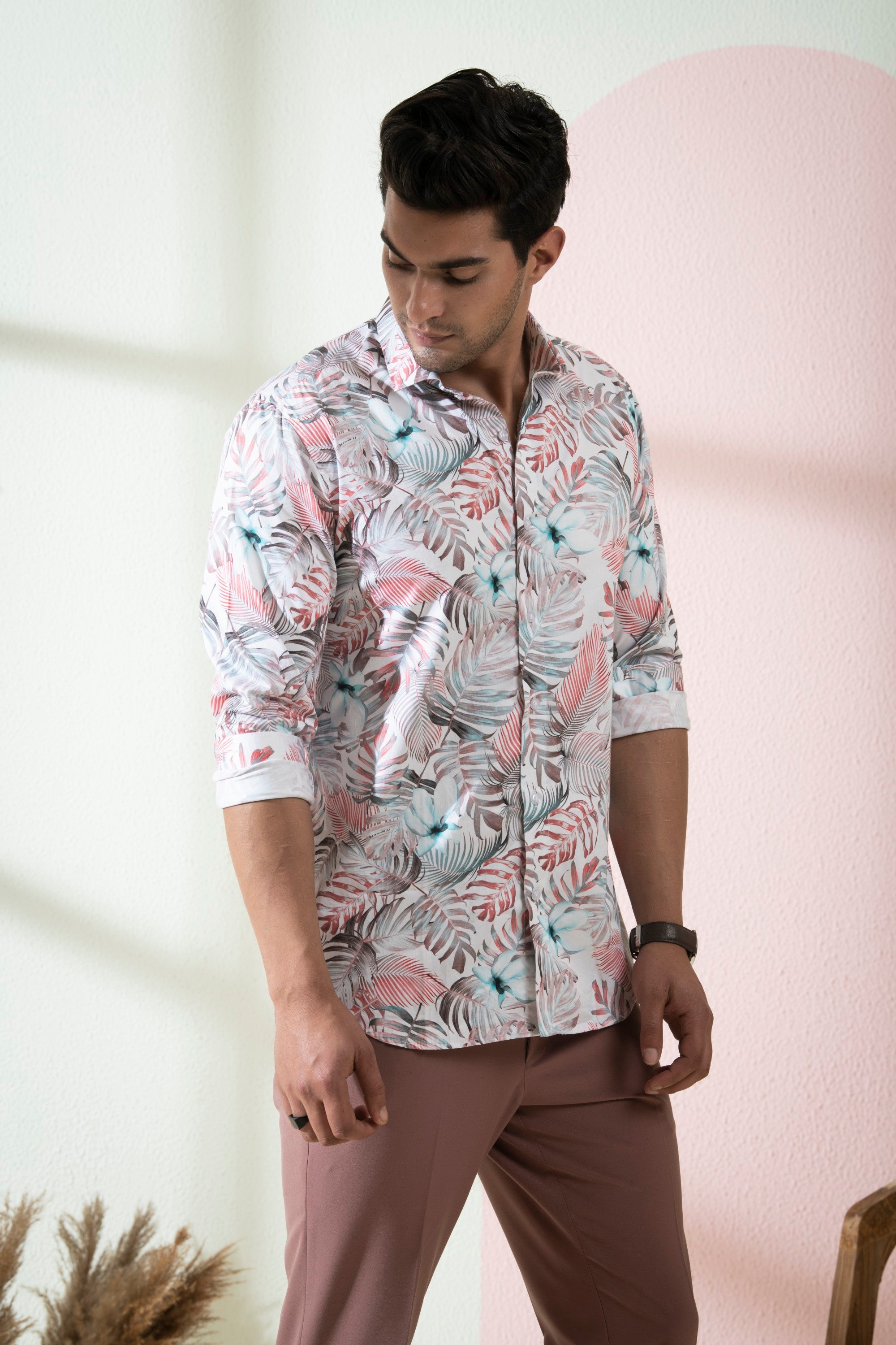 Men's White Color Tropical Full Sleeves Shirt