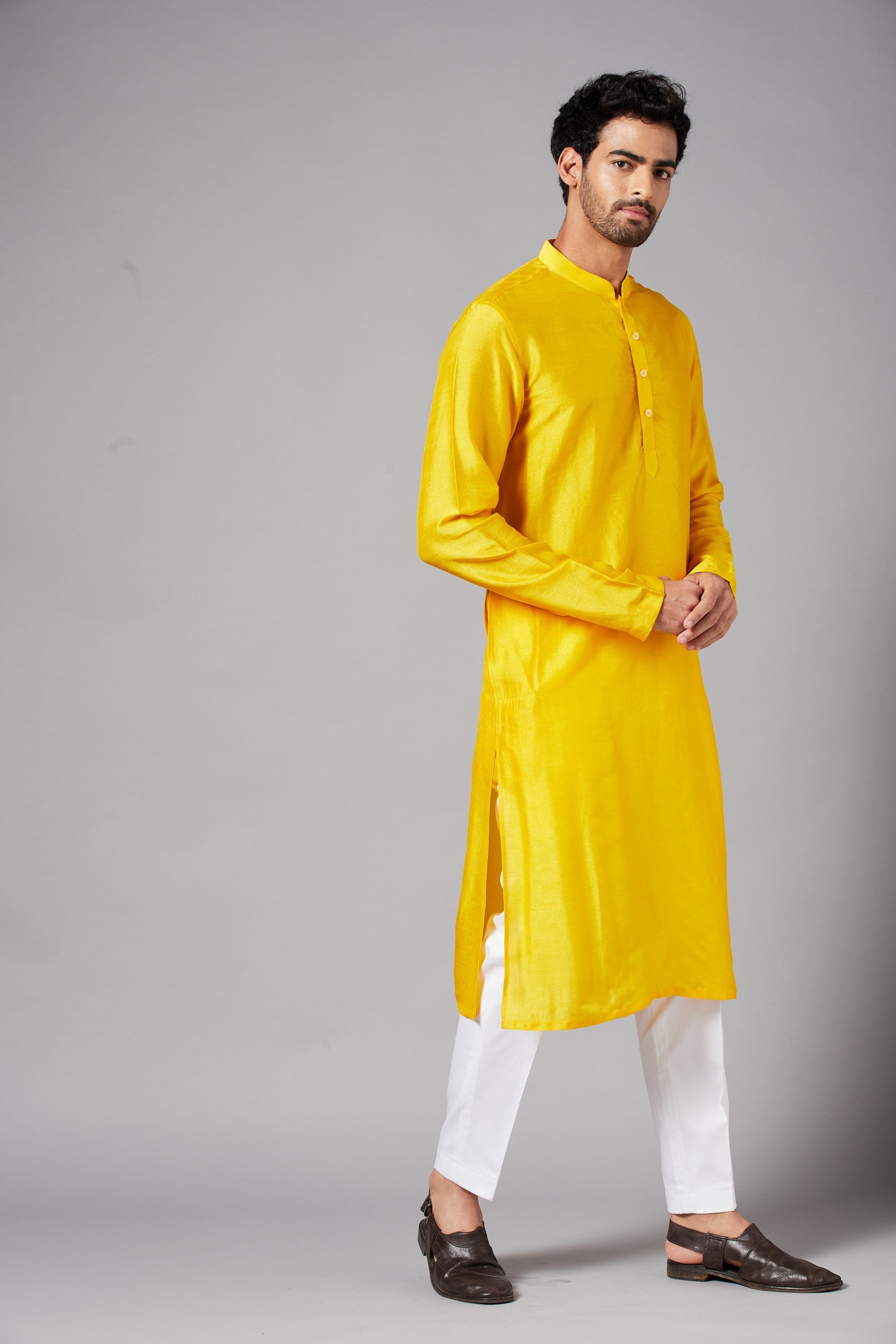Men's Yellow Color Plain Kurta Falling Raw Silk