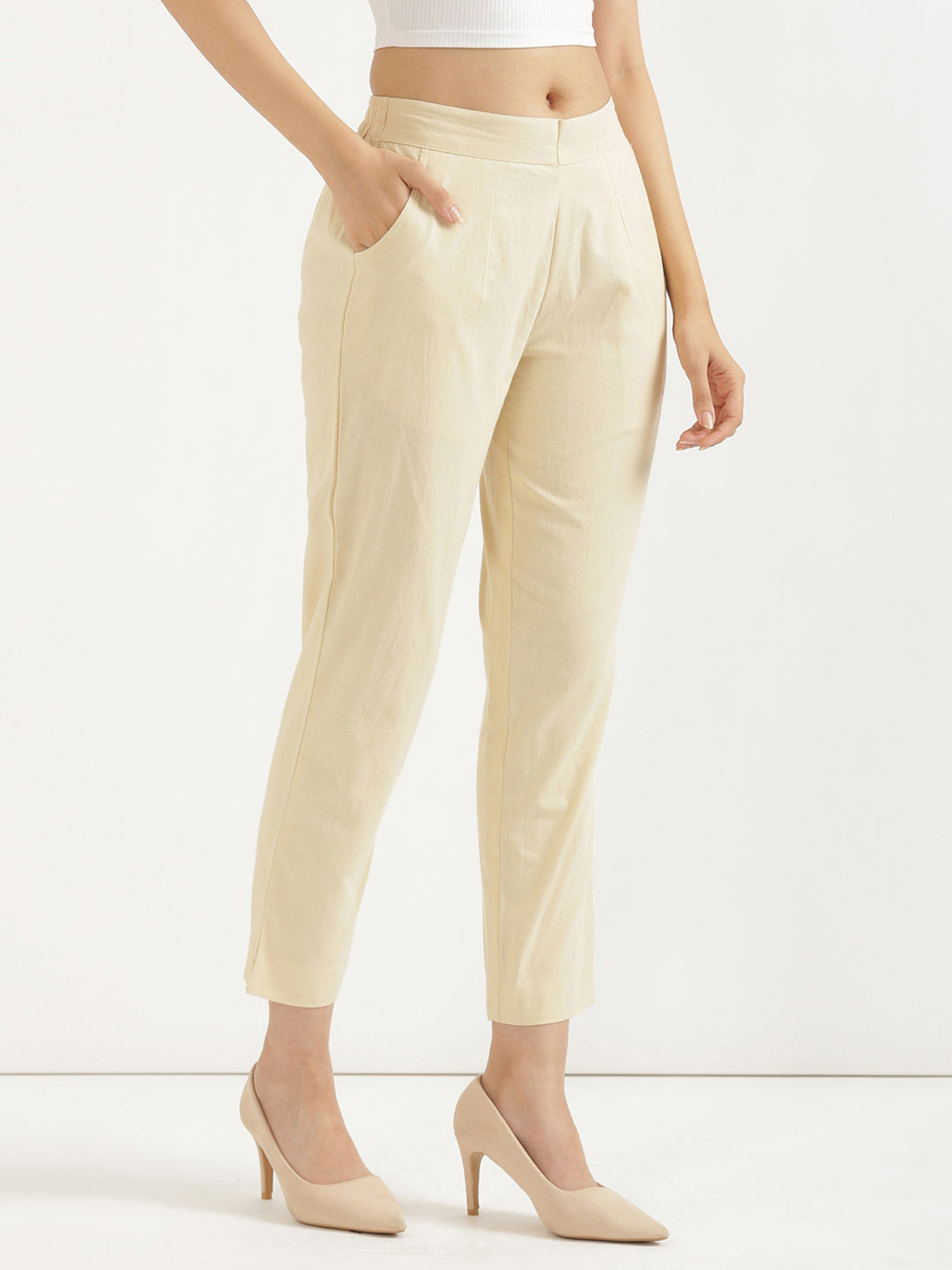 Women's 100% Cotton Everyday Wear Cotton Beige Trouser