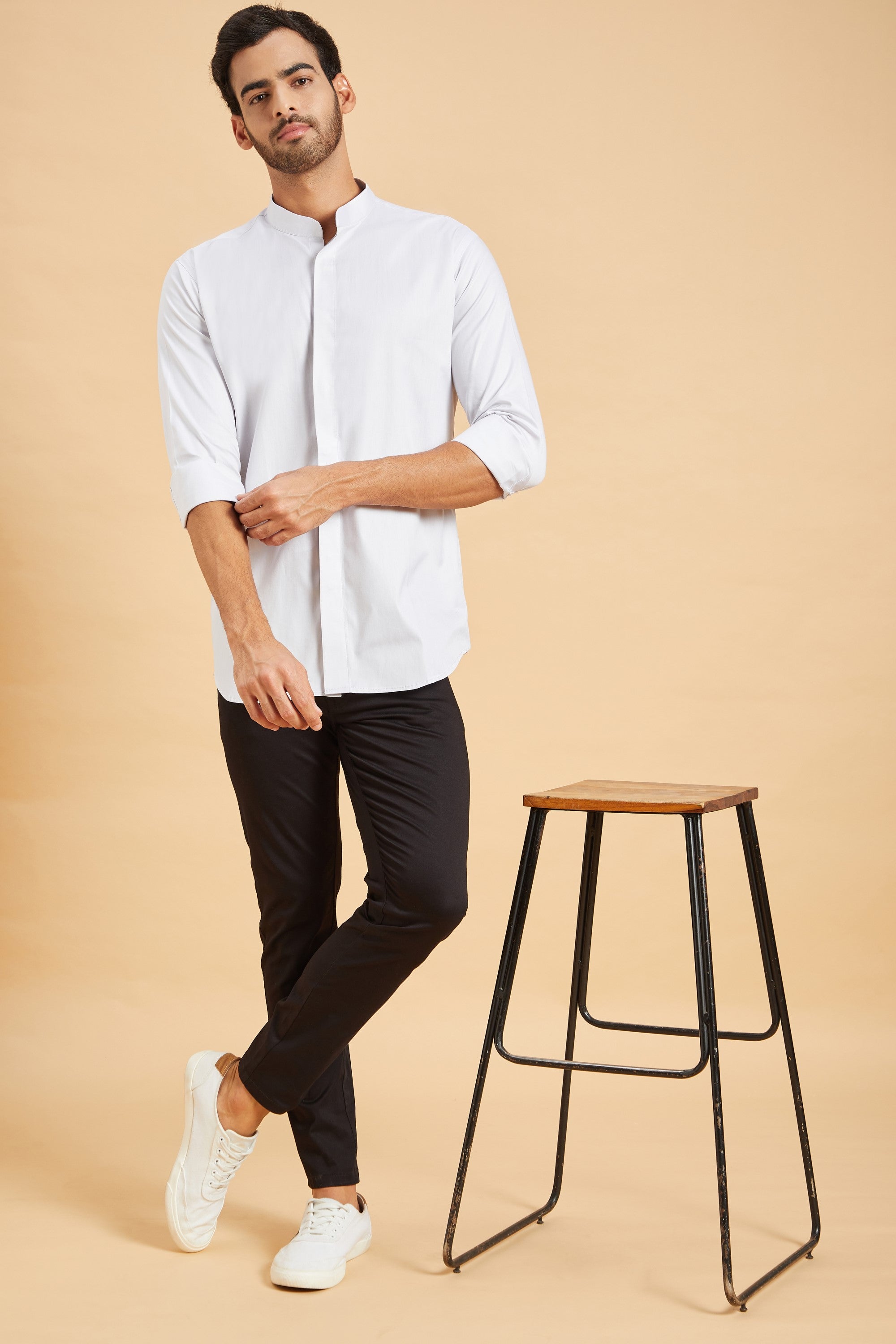 Men's Grey Color Jejune Chinese Collar Shirt Full Sleeves Casual Shirt