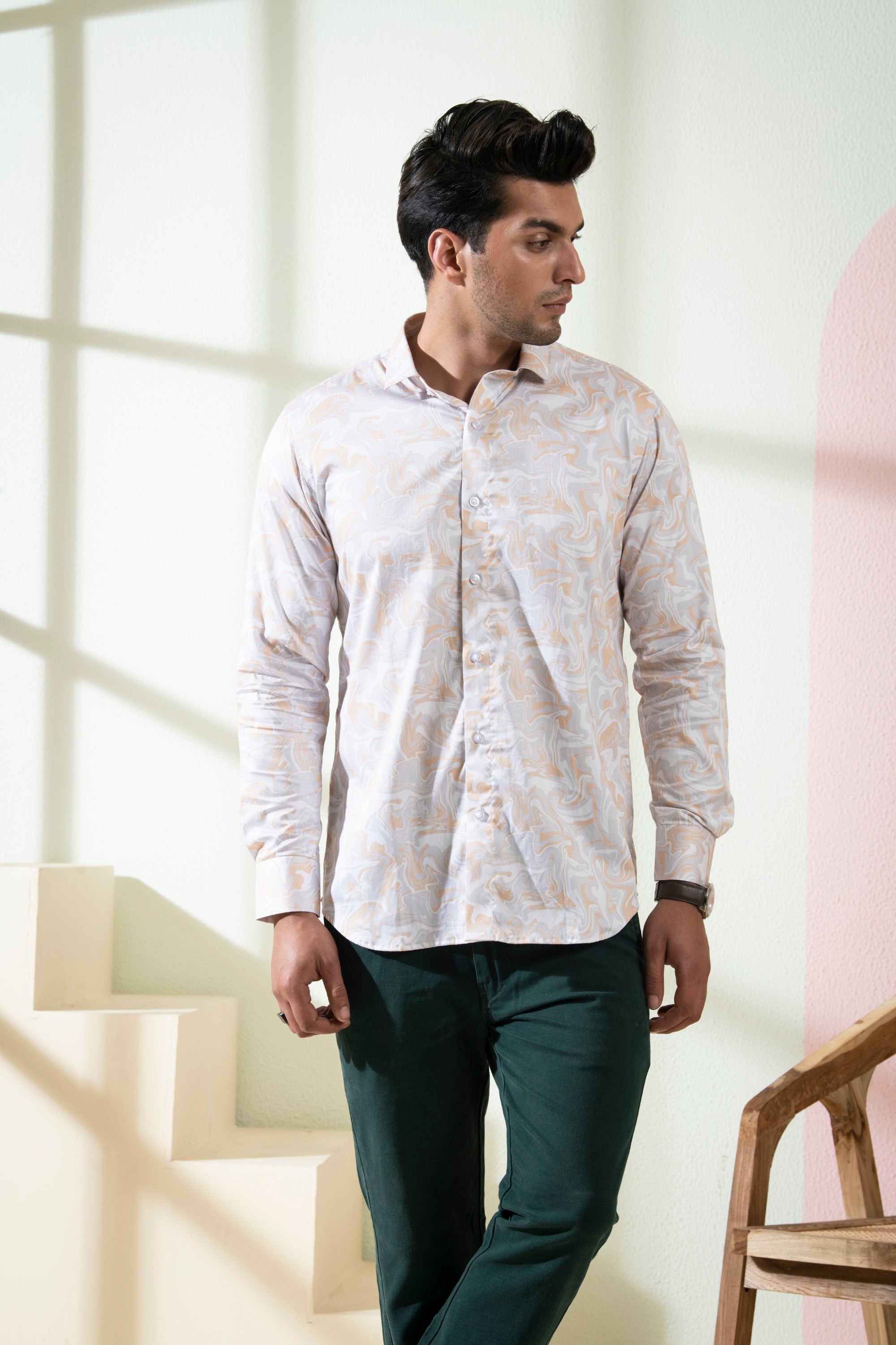 Men's Peach Color Marbleized Full Sleeves Shirt