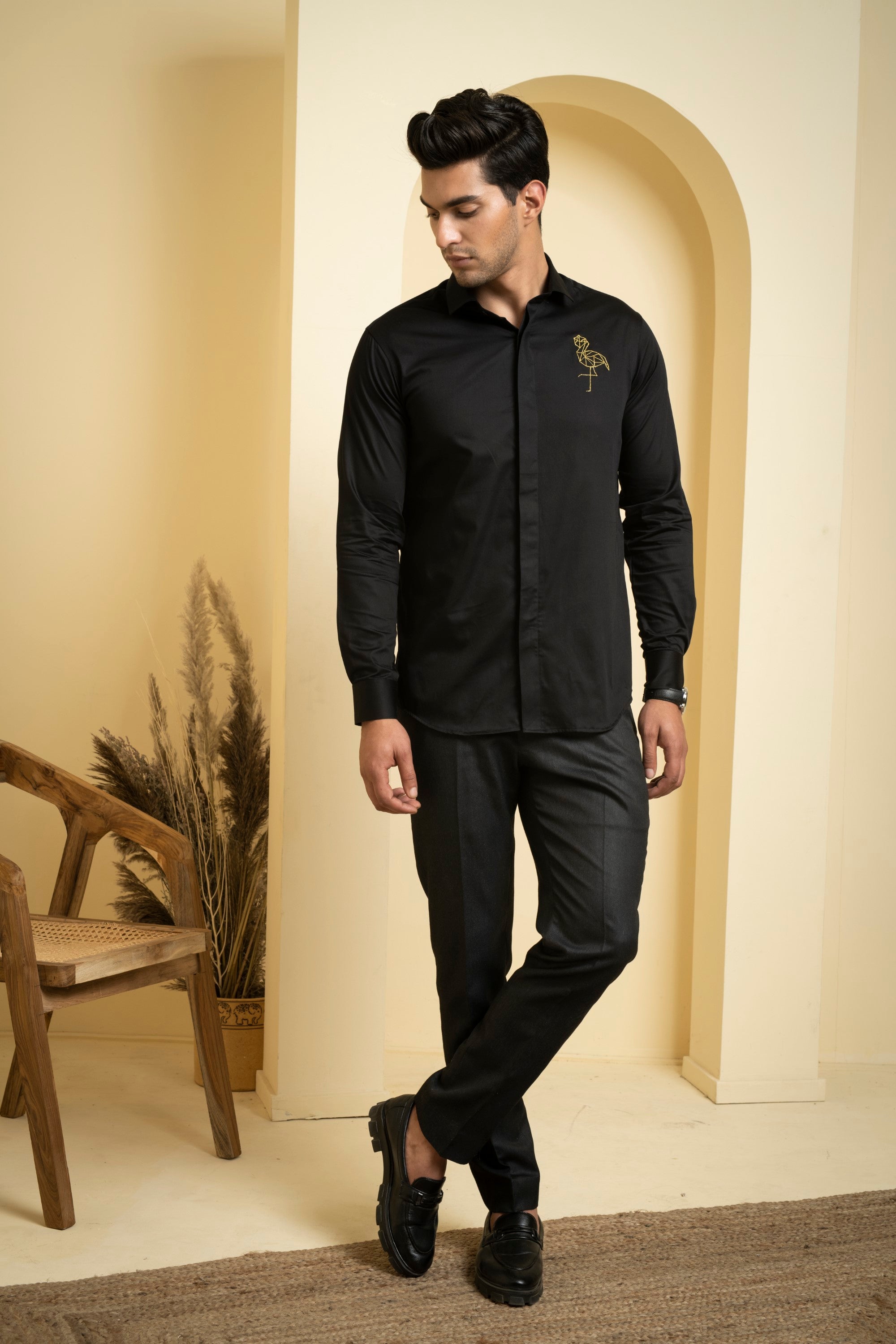 Men's Black Color Perto Crane Shirt Full Sleeves Casual Shirt