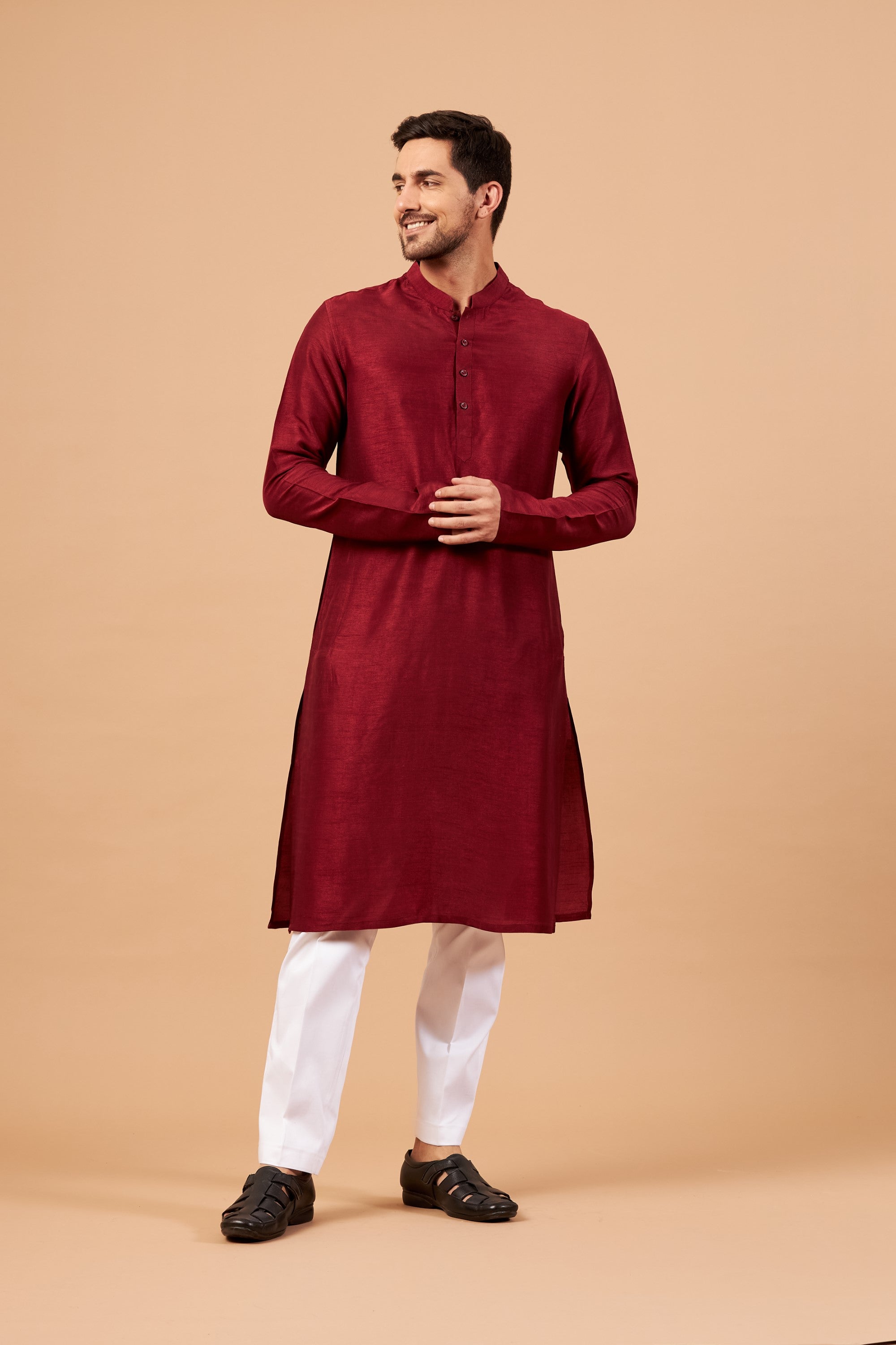 Men's Maroon Color Plain Kurta Falling Raw Silk