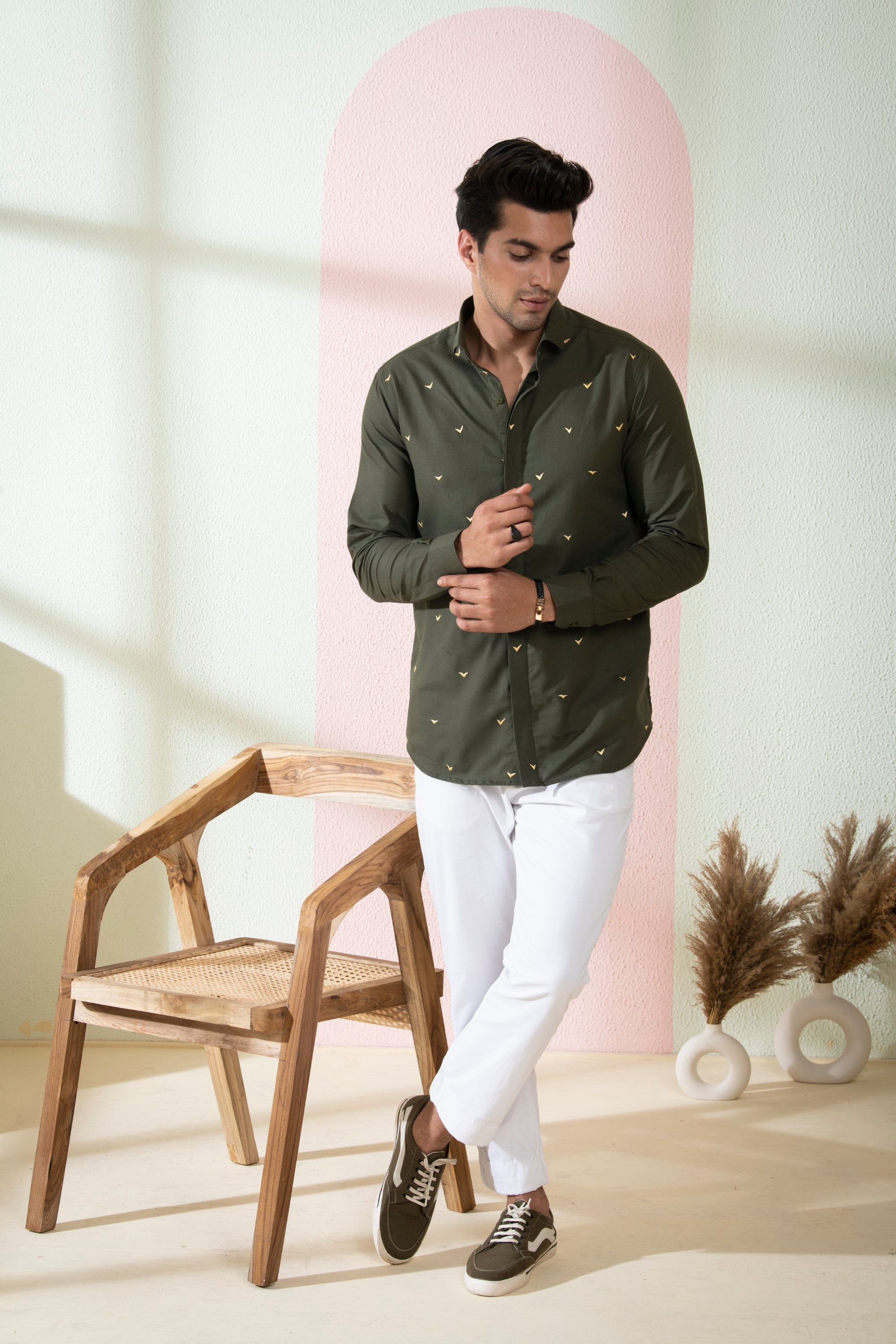 Men's Olive Green Color Avian Full Sleeves Shirt