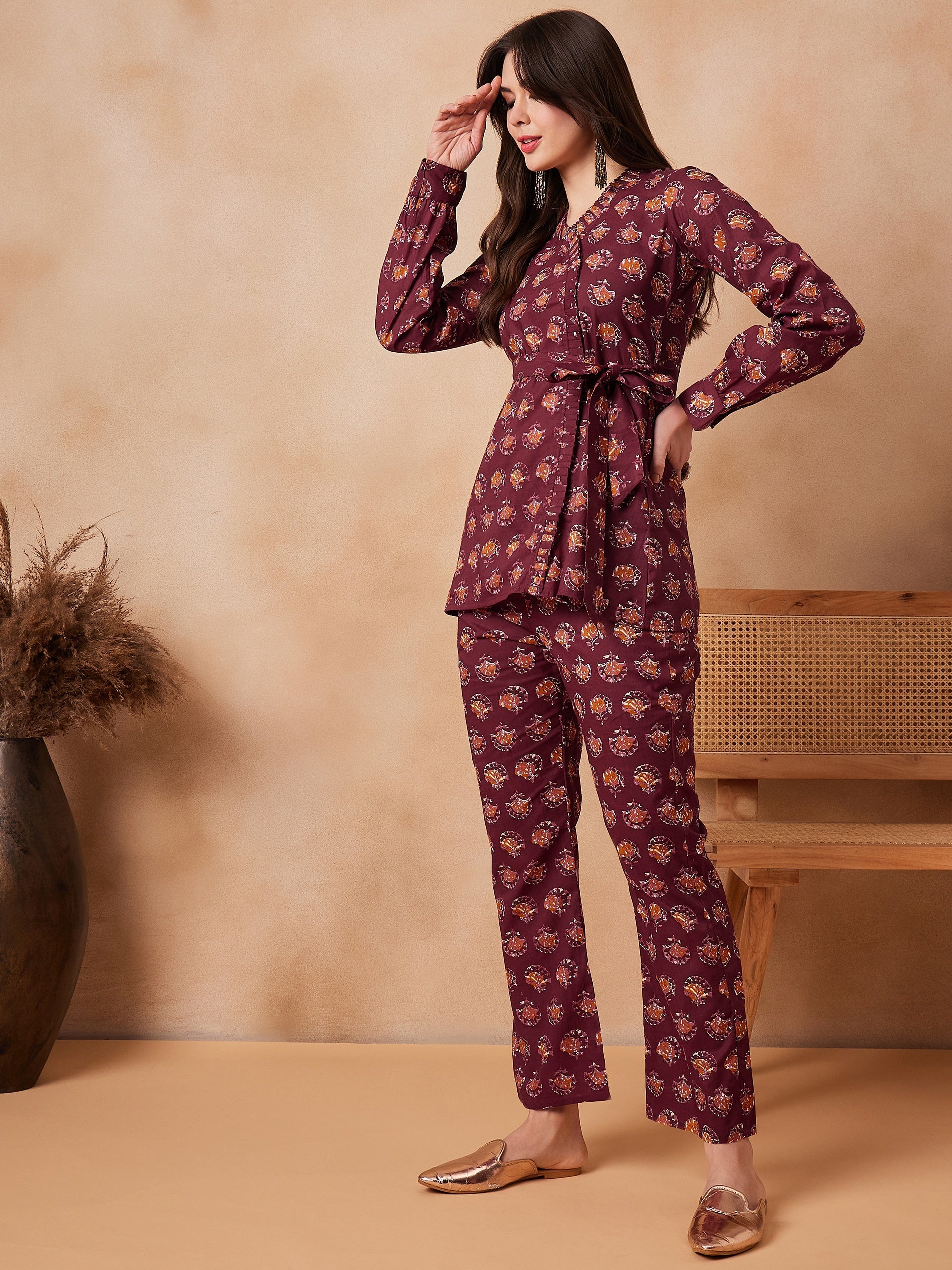 Women's Burgundy Floral Boota Coord Set With Belt