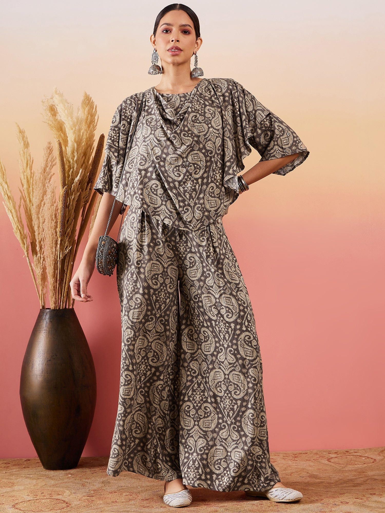 Women's Dull Brown Paisley Print Cowl Neck Top Bottom Set